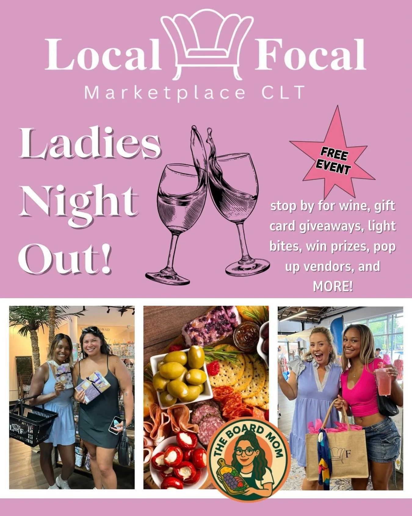 Don&rsquo;t miss LADIES NIGHT OUT this Thursday April 2nd 6-9pm✨

Sip complimentary wine, enjoy charcuterie by @theboardmom.clt , win gift cards, meet our pop up vendors and more 🤩

SEE YOU THEN! Show us this post for a FREE gift at the register ✨

