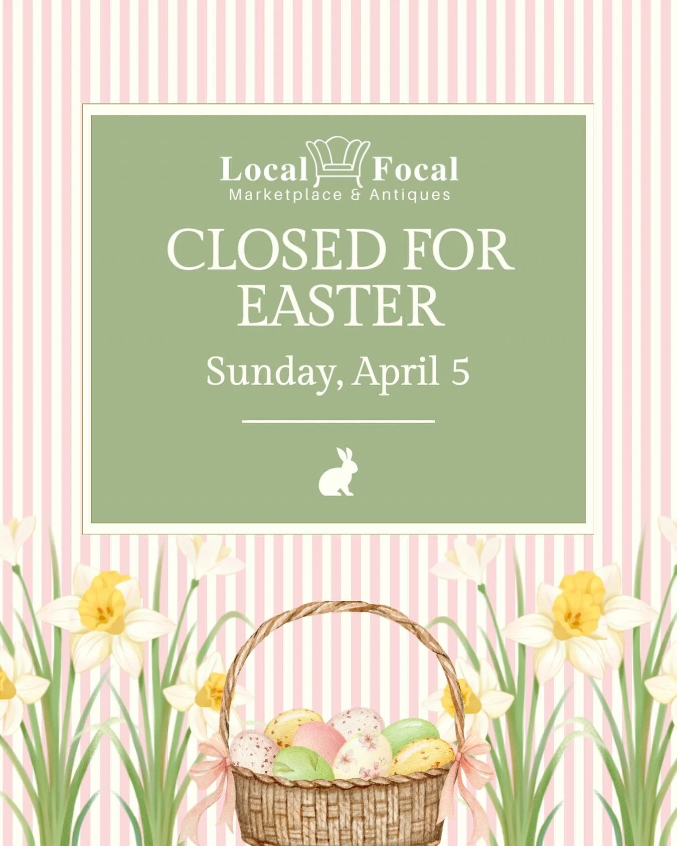 Closed for Easter Sunday April 5th! 🐣💐🥕

&mdash;&mdash;&mdash;&mdash;&mdash;&mdash;&mdash;&mdash;&mdash;&mdash;&mdash;&mdash;&mdash;&mdash;&mdash;&mdash;&mdash;&mdash;
𝐇𝐎𝐔𝐑𝐒:
𝐒𝐮𝐧 - 𝐓𝐡𝐮𝐫𝐬 𝟏𝟏𝐚𝐦-𝟕𝐩𝐦
𝐅𝐫𝐢 &amp; 𝐒𝐚𝐭 𝟏𝟎𝐚𝐦-𝟖