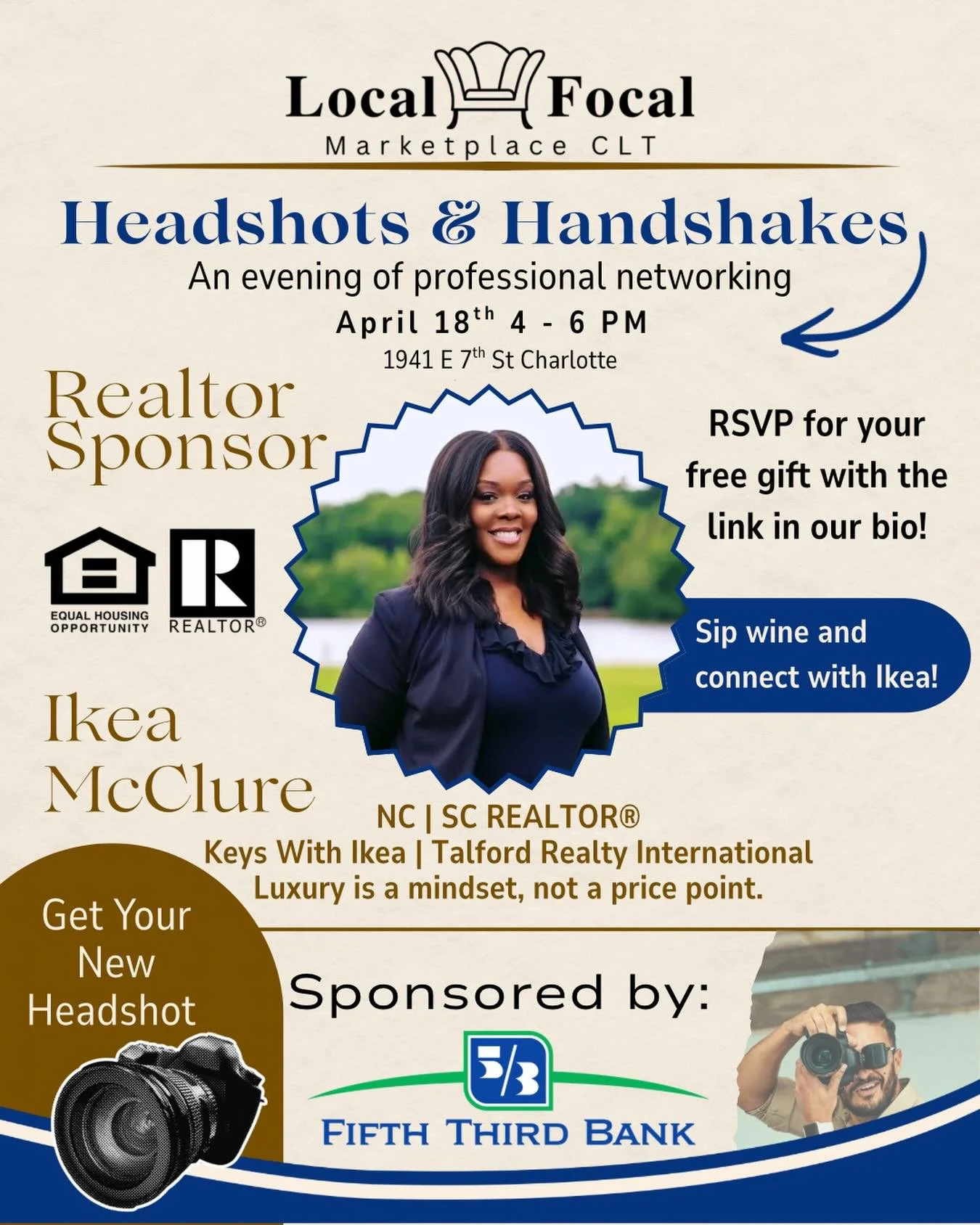 We&rsquo;re so excited to have a local realtor sponsoring Headshots &amp; Handshakes and bringing the wine for the evening 🍷✨
Join us for a night of networking, fresh headshots, meaningful connections, and a little sipping while you mingle. This is 