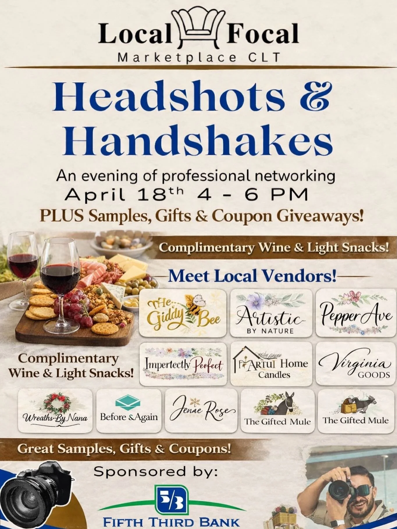 Join us this Saturday, April 18 4 PM to 6 PM for our networking event, HEADSHOTS AND HANDSHAKES! Meet our amazing pop-ups Vendors✨

Guest speakers: Bianca Cooper, Assistant Vice President and Financial Center Manager
Alexandria Bare Cooper, Local Foc