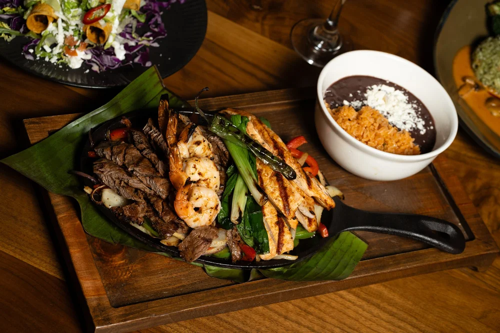 Steak and shrimp fajitas with rice and beans at No Pos Wow in Rancho Cucamonga