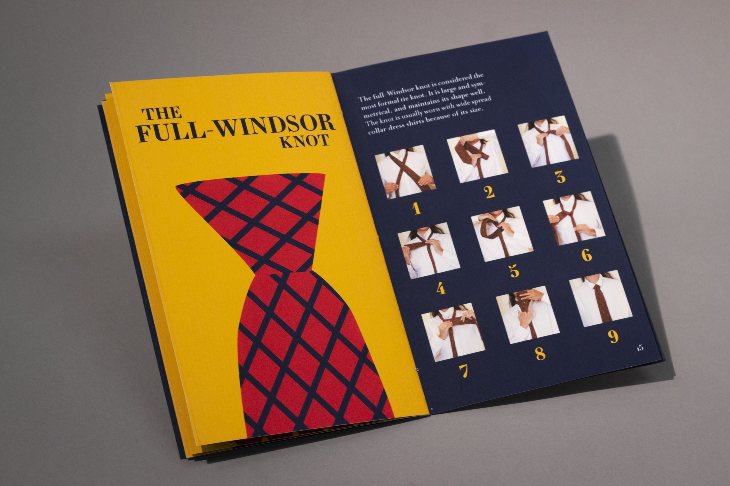 Tutorial for a full-windsor knot, designed, illustrated, and photographed by me. The tie is red with a navy criss-cross pattern on a yellow background with the title "The Full-Windsor Knot" written above it in navy. The opposite page features step-by