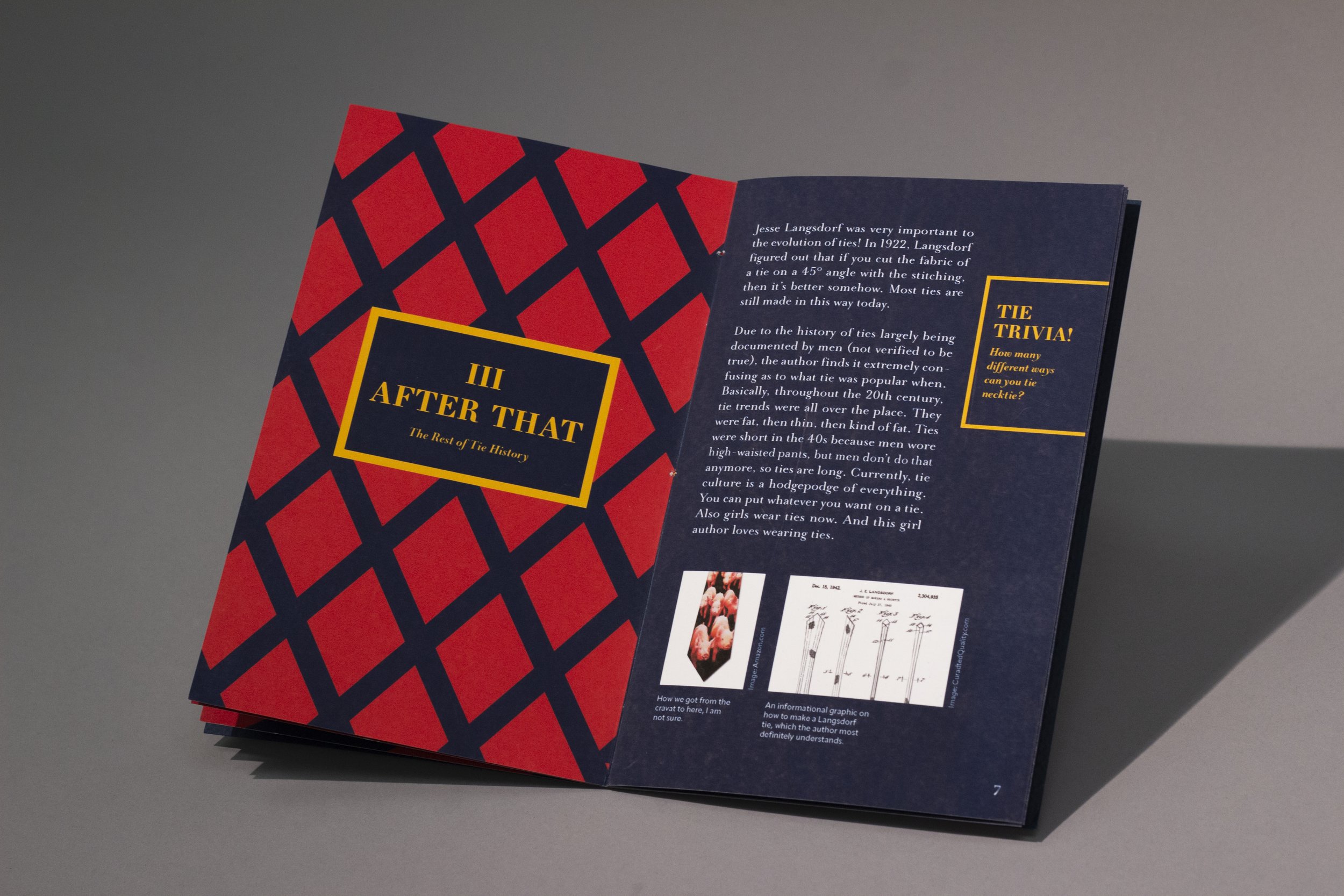 Modern developments in the necktie. The spread opens on the left with a navy criss-cross pattern on a red background. On the rightmost page, the text is white on a navy background. A photo of a tie with pigs and a photo of how to sew a tie are featur