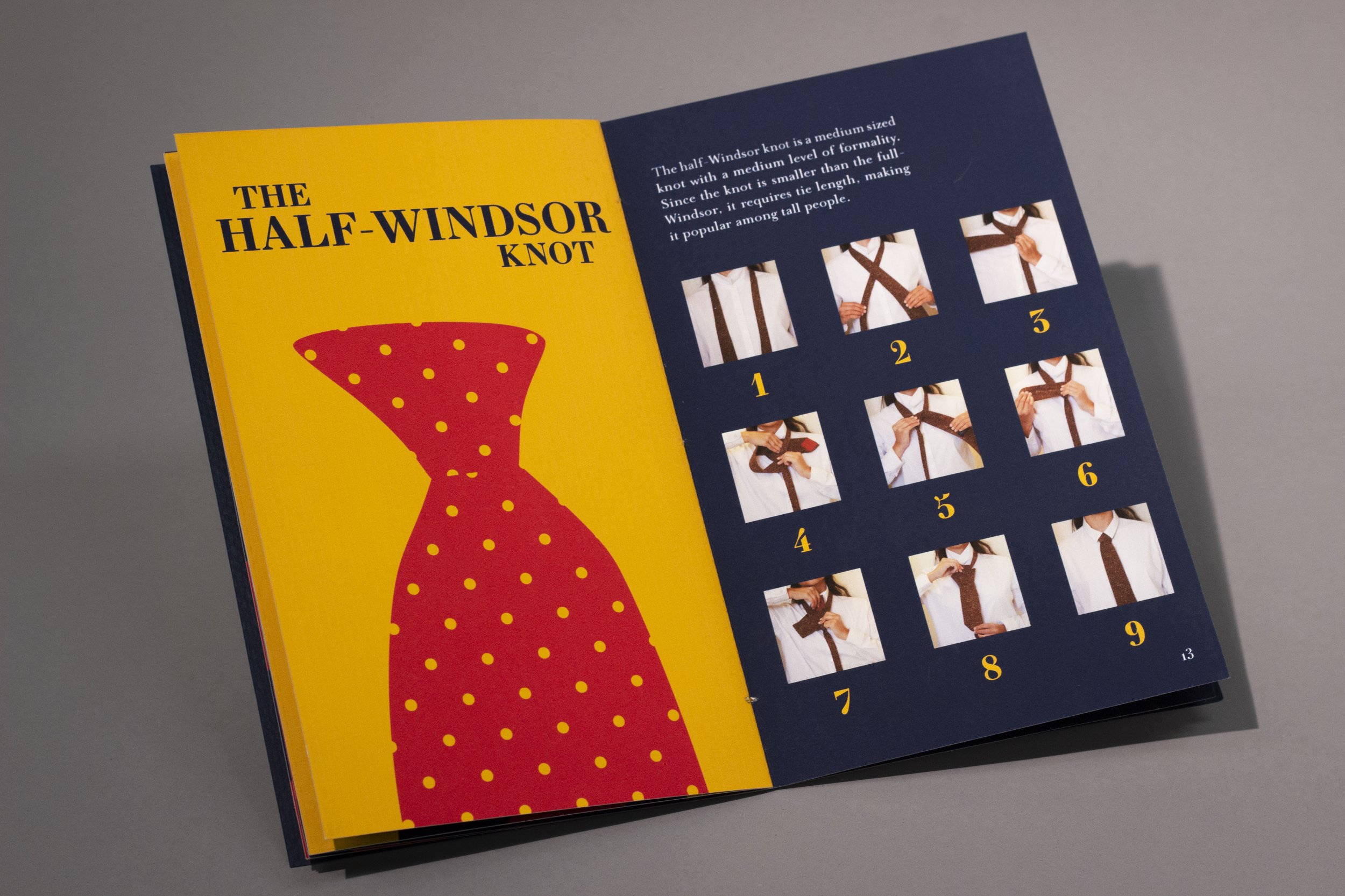 Tutorial for a half-windsor knot, designed, illustrated, and photographed by me. The tie is red with yellow polka-dots on a yellow background with the title "The Half-Windsor Knot" written above it in navy. The opposite page features step-by-step pho