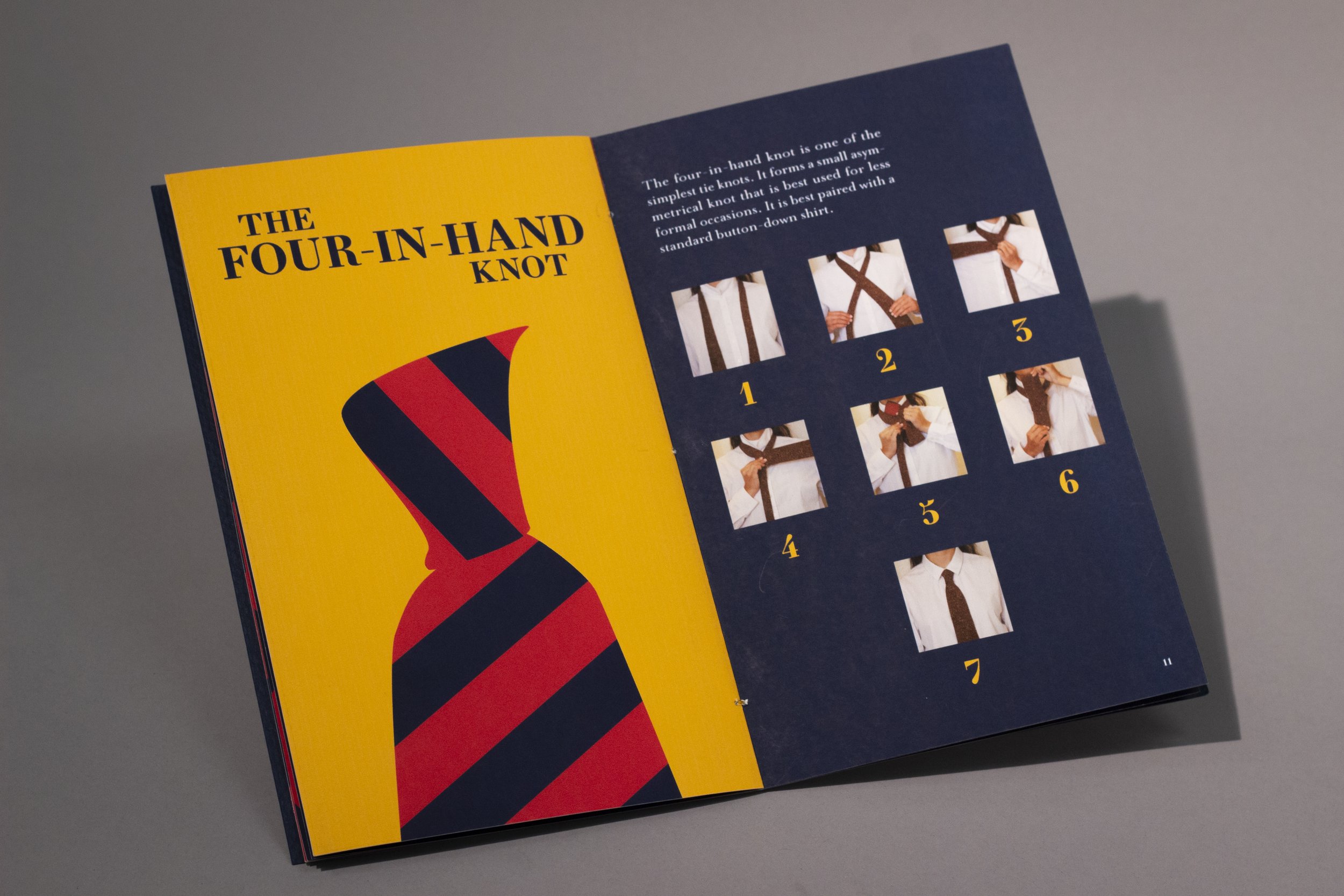 Tutorial for a four-in-hand knot, designed, illustrated, and photographed by me. The tie is diagonally striped red and navy on a yellow background with the title "The Four-In-Hand Knot" written above it in navy. The opposite page features step-by-ste