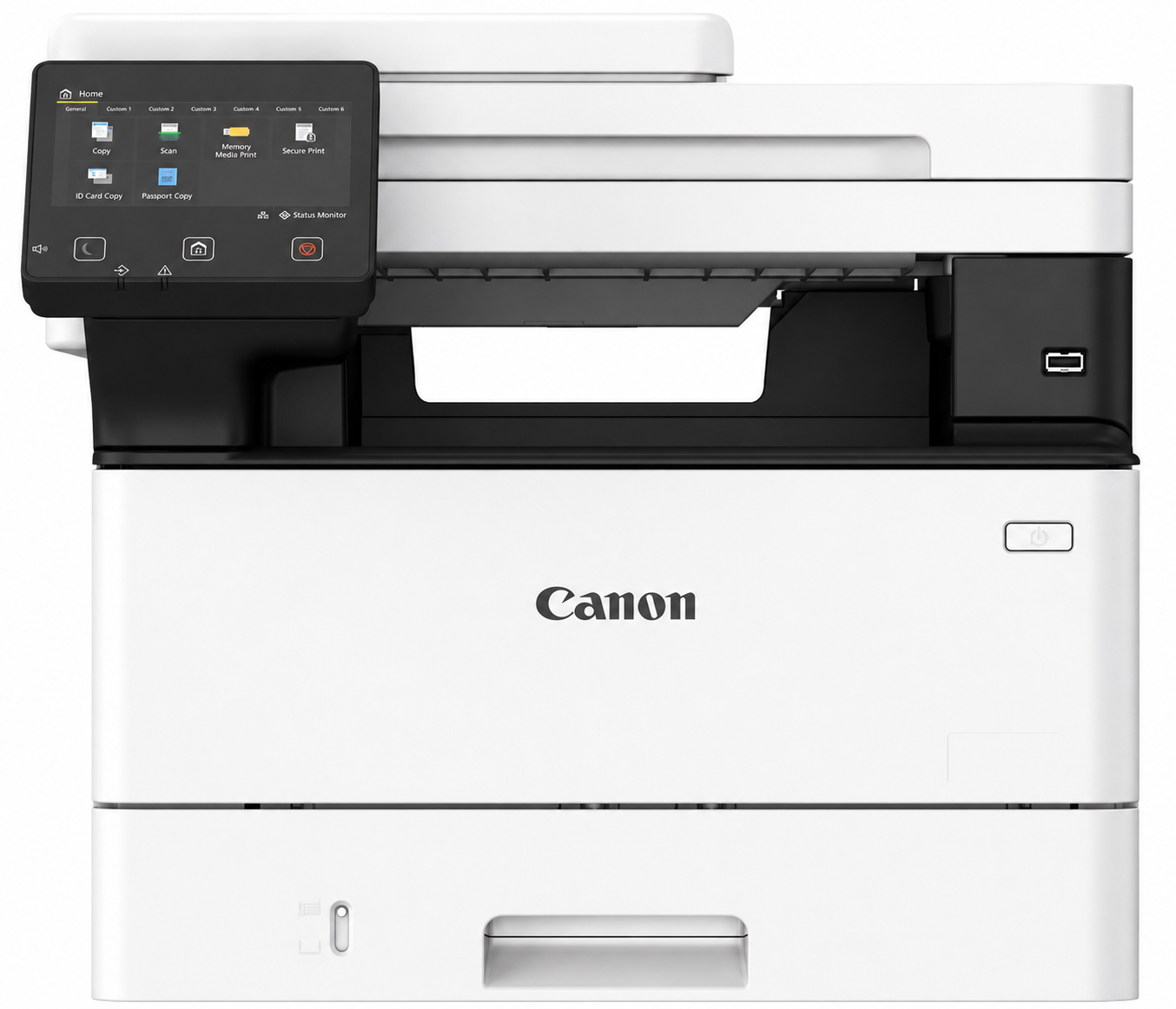 Ein moderner Canon Farbkopierer mit Touchscreen-Bedienfeld und mehreren Papierfächern in Weiß und Schwarz.