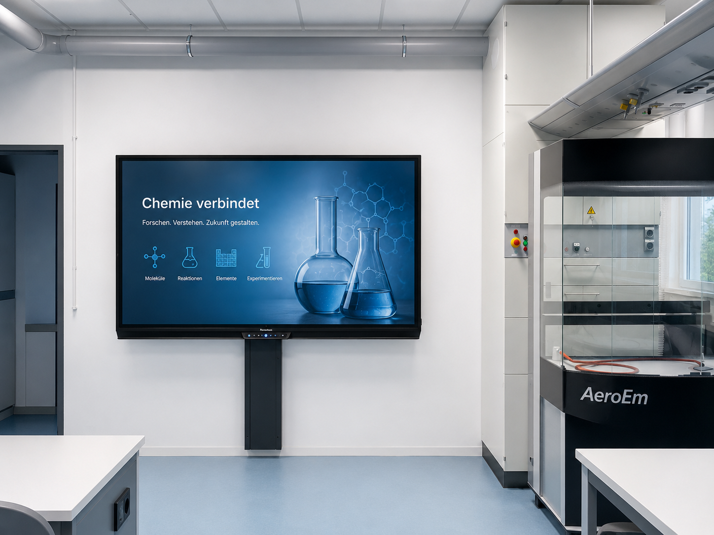 Ein modernes Chemielabor mit einem großen Bildschirm, auf dem steht 'Chemie verbindet' und chemische Reaktionen zeigt. Es gibt auch Forschungs- und Experimentierschritte. Im Hintergrund ist ein Laborautomat namens AeroEm zu sehen.