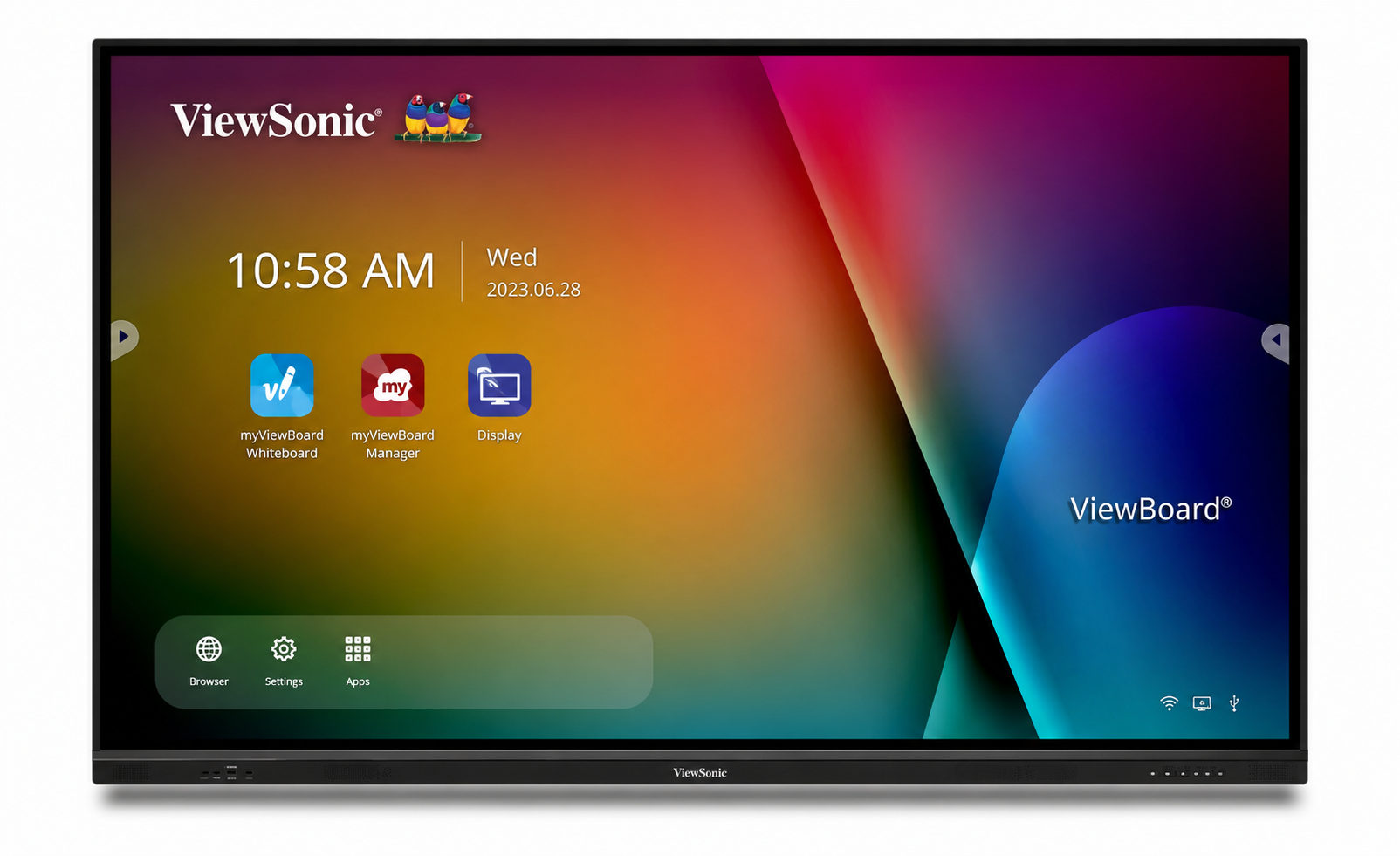 Ein interaktives Touch-Display mit der Anzeige der aktuellen Uhrzeit, Datum und Symbolen für Browser, Einstellungen und Apps. Der Hintergrund ist ein farbenfrohes, abstraktes Design.