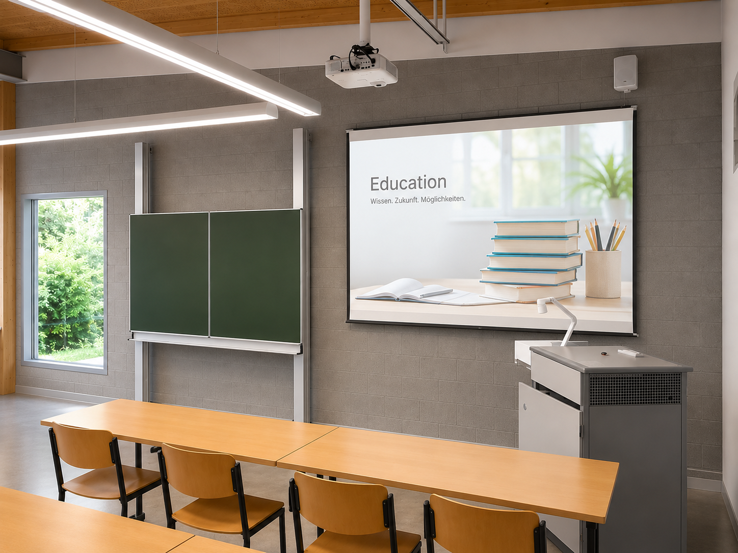 Leerer Klassenraum mit einem computergesteuerten Projektor, einem Bildschirm mit einem Präsentationsbild zum Thema "Education" und einem grünen Whiteboard, schallisolierten Wänden, Holz-Tischen und Stühlen, einem Fenster mit Blick ins Grüne.