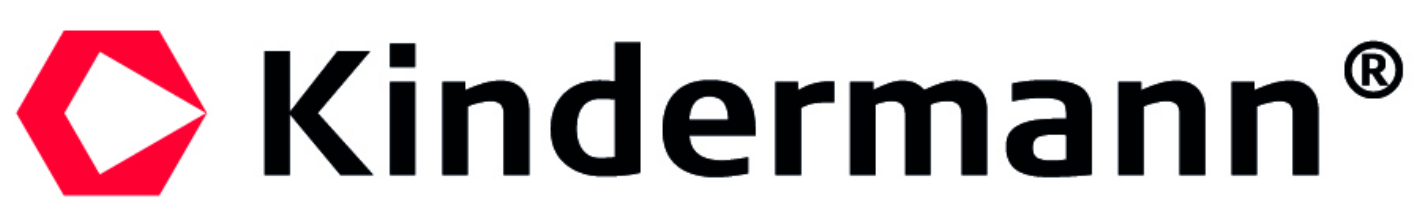 Logo der Marke Kindermann mit rotem hexagonalen Symbol und schwarzem Text