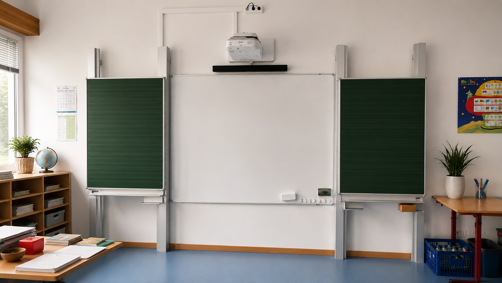 Leere Schulhefte, Bücher, Pflanzen, Globus, Stifte und Papier auf Tischen und Regalen in einem Klassenzimmer mit schwarzen Tafeln, einem Projektor und Pinnwänden.