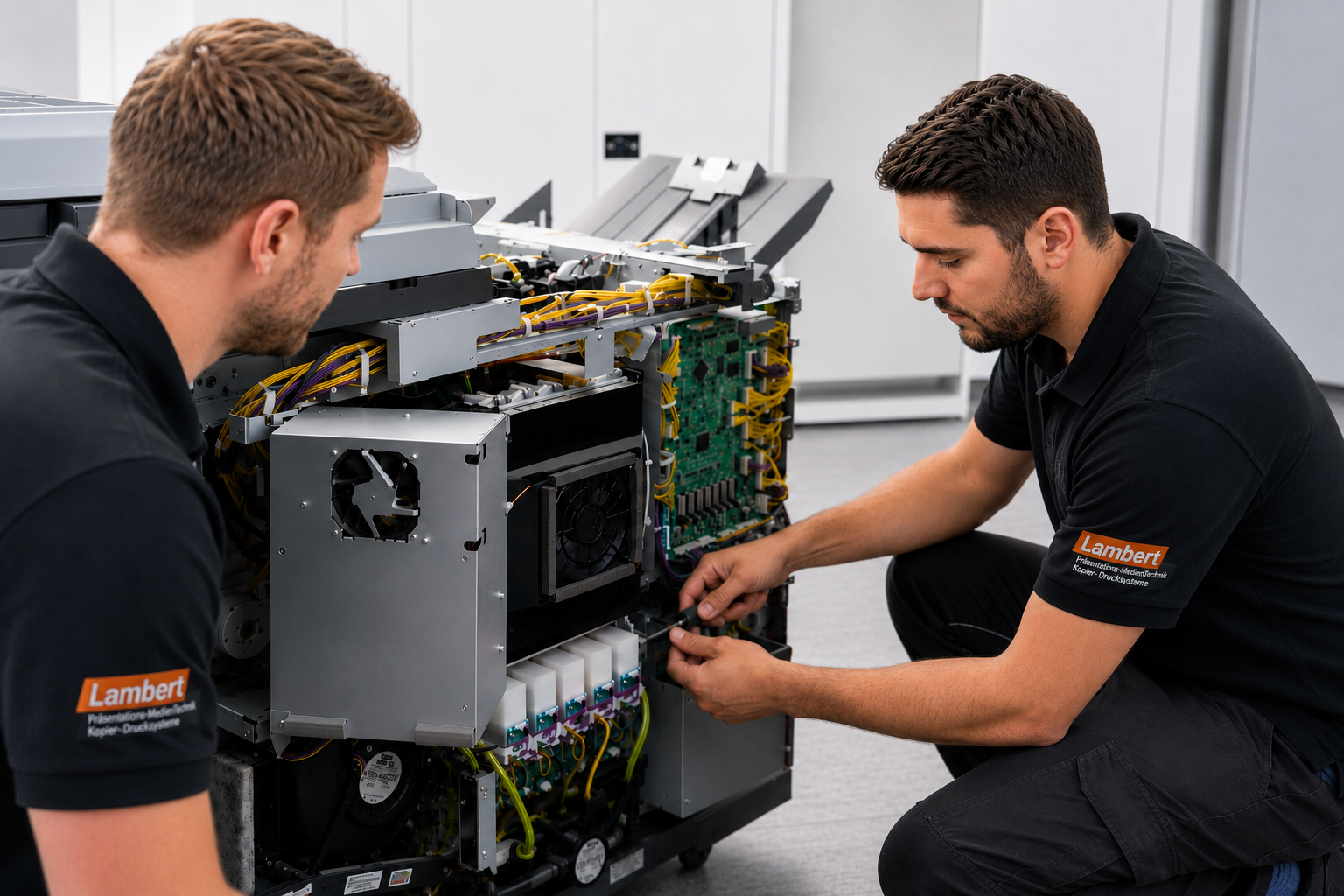 Zwei Techniker in schwarzer Arbeitskleidung mit Lambert-Logo untersuchen eine technische Maschine mit offenen Komponenten und Kabeln.