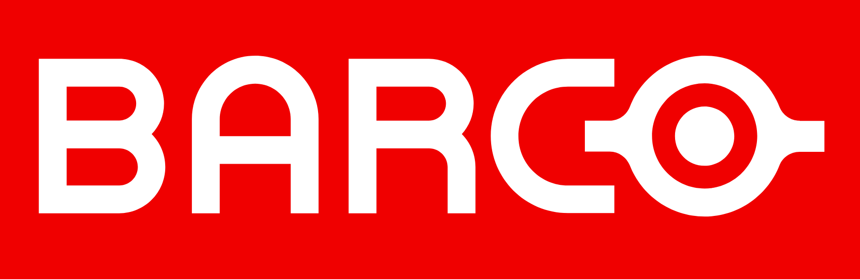 Logo der Marke BARCO auf rotem Hintergrund