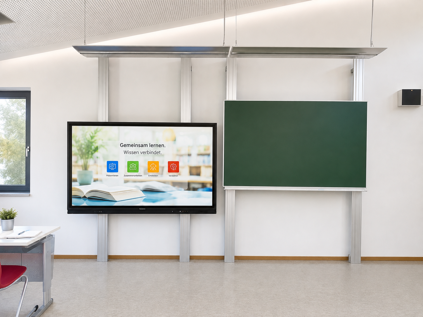 Leerer Klassenraum mit Tafel, Bildschirm mit Lerninformationen, Fenster und Schreibtisch.