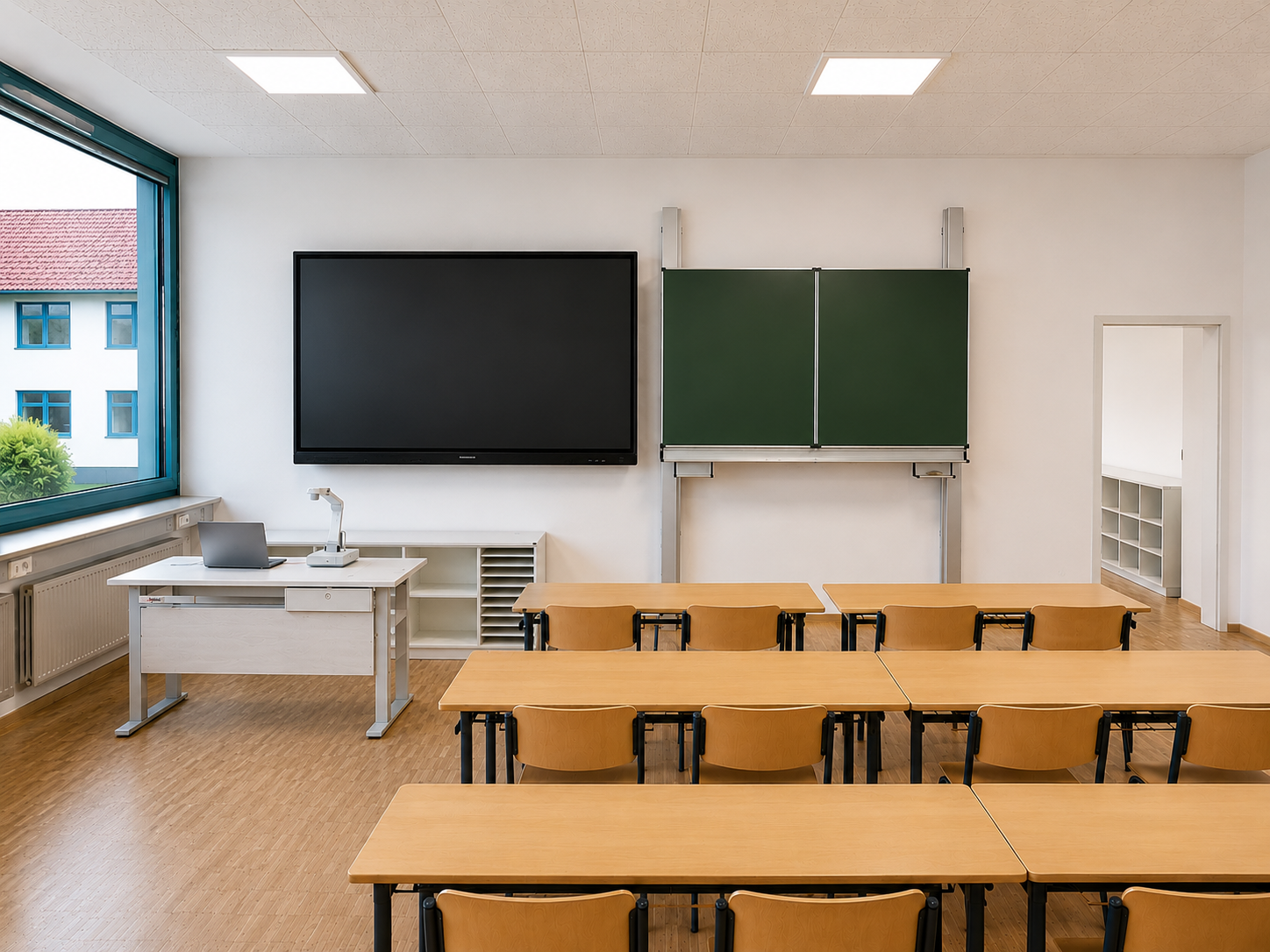 Leerer Klassenraum mit Holztischen und Stühlen, Tafel und Bildschirm an der Wand, Fenster mit Außenansicht, helle Wände und Decke, Fußboden in Holzoptik.