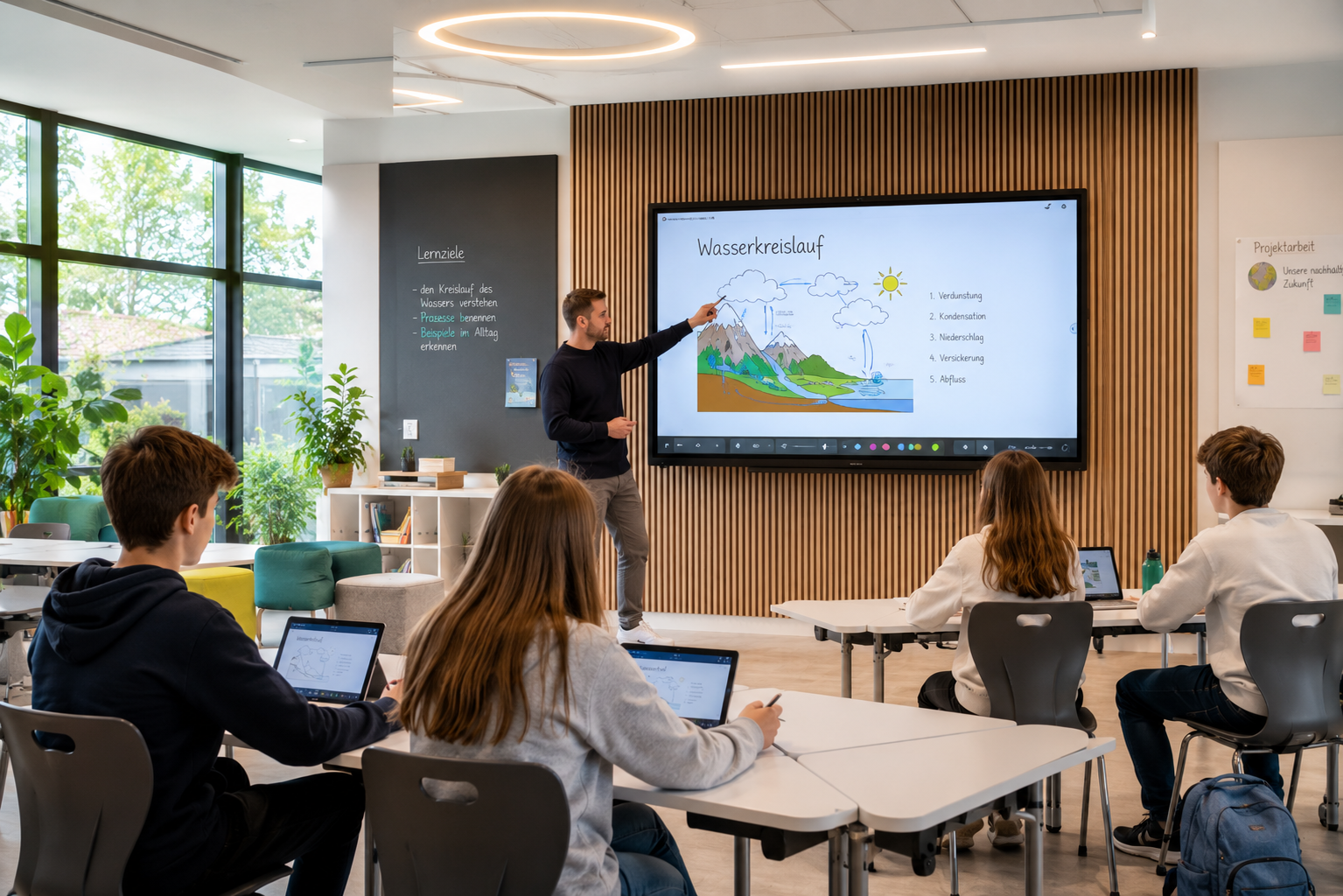 Lehrer erklärt Wasserkreislauf an interaktivem Whiteboard vor Schulklasse mit vier Schülern, einige verwenden Tablets