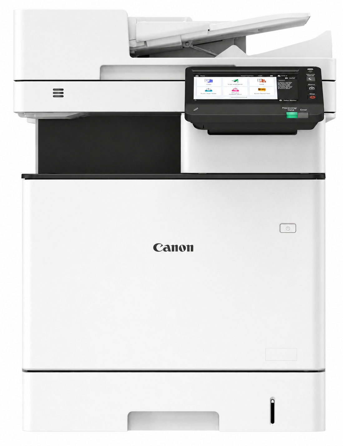 Ein moderner Canon Drucker mit Touchscreen-Display, in Weiß und Schwarz, auf weißem Hintergrund.