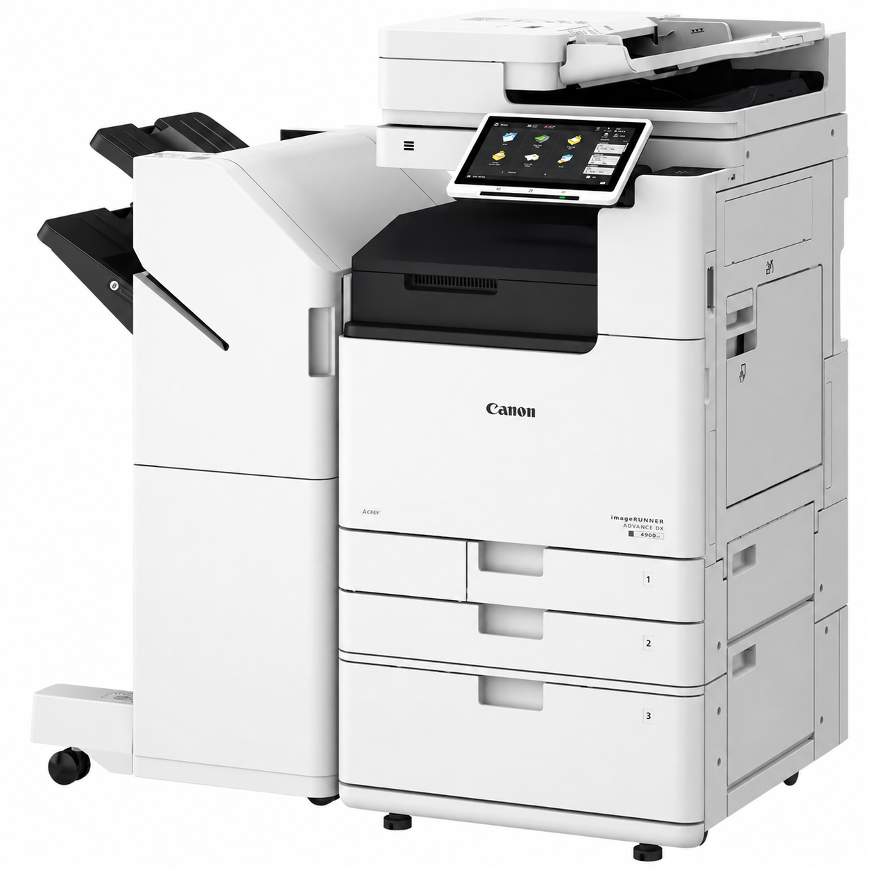 Ein moderner, weißer Multifunktionsdrucker von Canon mit Touchscreen-Display, Papierzufuhr und ausfahrbarem Dokumenteneinzug.