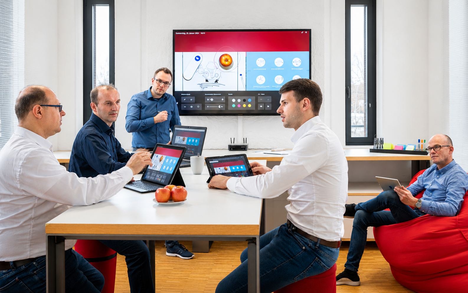 Fünf Männer sitzen bei einer Besprechung in einem modernen Büro. Zwei von ihnen arbeiten an Laptops, einer auf einem Tablet, während eine Person vor einem großen Bildschirm spricht. Es gibt drei rote Äpfel auf dem Tisch.