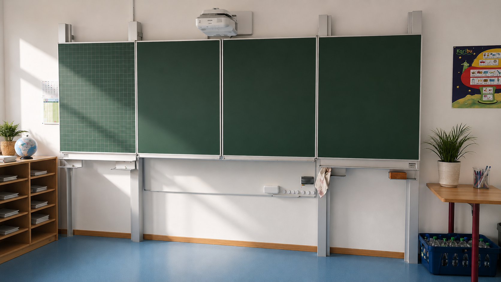 Ein leeres Klassenzimmer mit grüner Tafel, einer Wandkarte und Pflanzen auf Möbeln.
