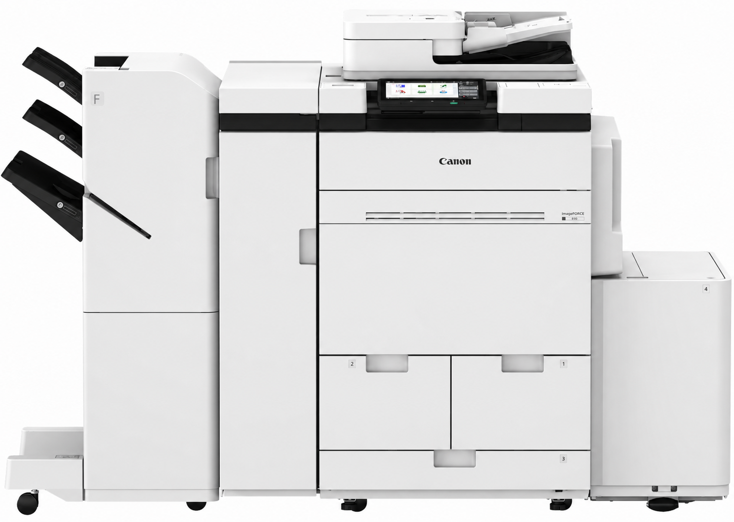 Großer Multifunktionsdrucker von Canon, weiß, mit verschiedenen Papierfächern und einem Touchscreen-Display.
