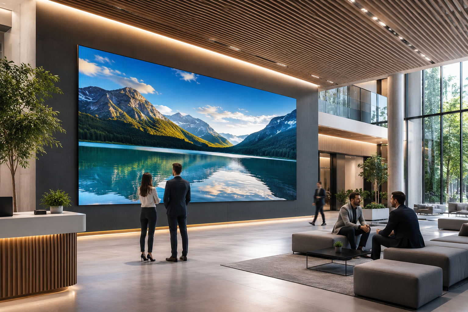 Modernes, helles Hotel-Lobby mit großen Fenstern und digitaler Wandprojektion eines Sees und Berge, Menschen im Gespräch und entspannte Atmosphäre.
