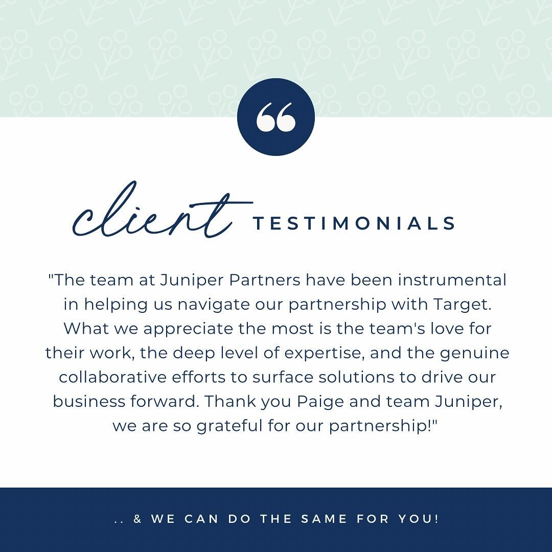 Grateful for amazing clients and their kind words!
&nbsp;
Partnering with brands to help their products shine at Target is our passion and purpose!&nbsp; Thank you to our clients for choosing us and letting us be a part of your journey.
&nbsp;
#junip