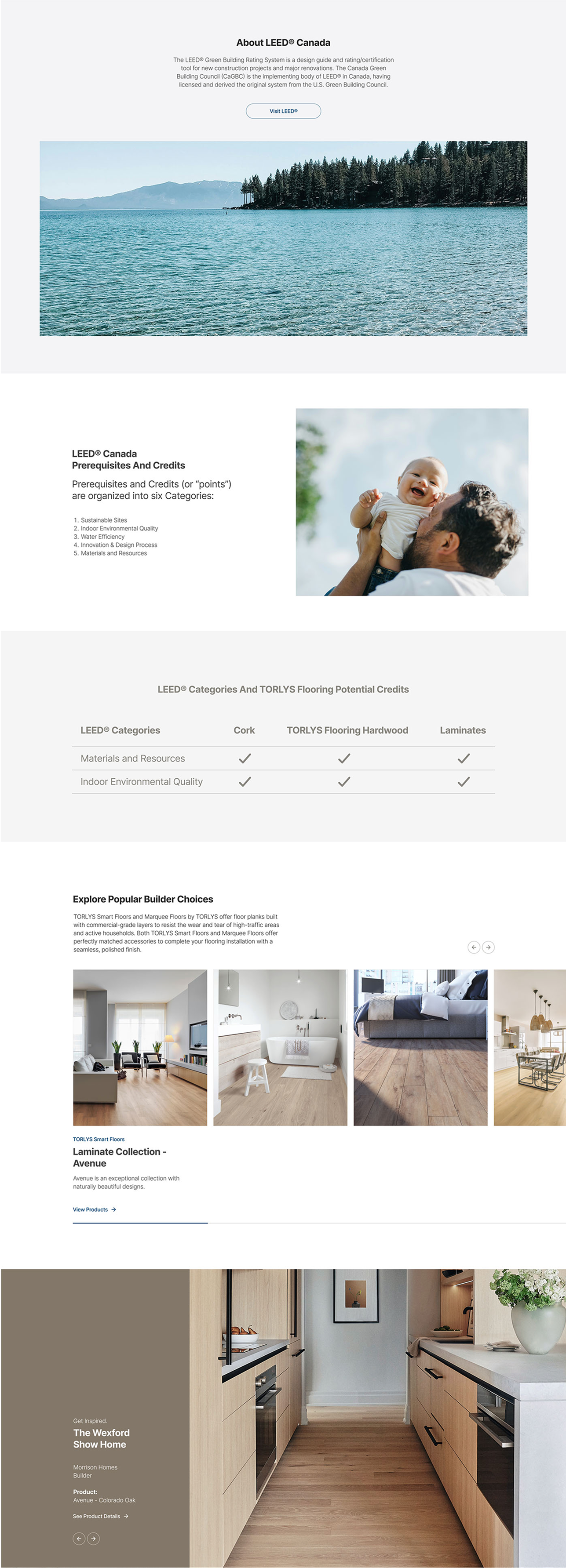 Webpage about LEED Canada, featuring scenic lake and forest landscape, photo of a man holding a smiling child, and interior images of modern kitchens and living spaces with wood flooring.