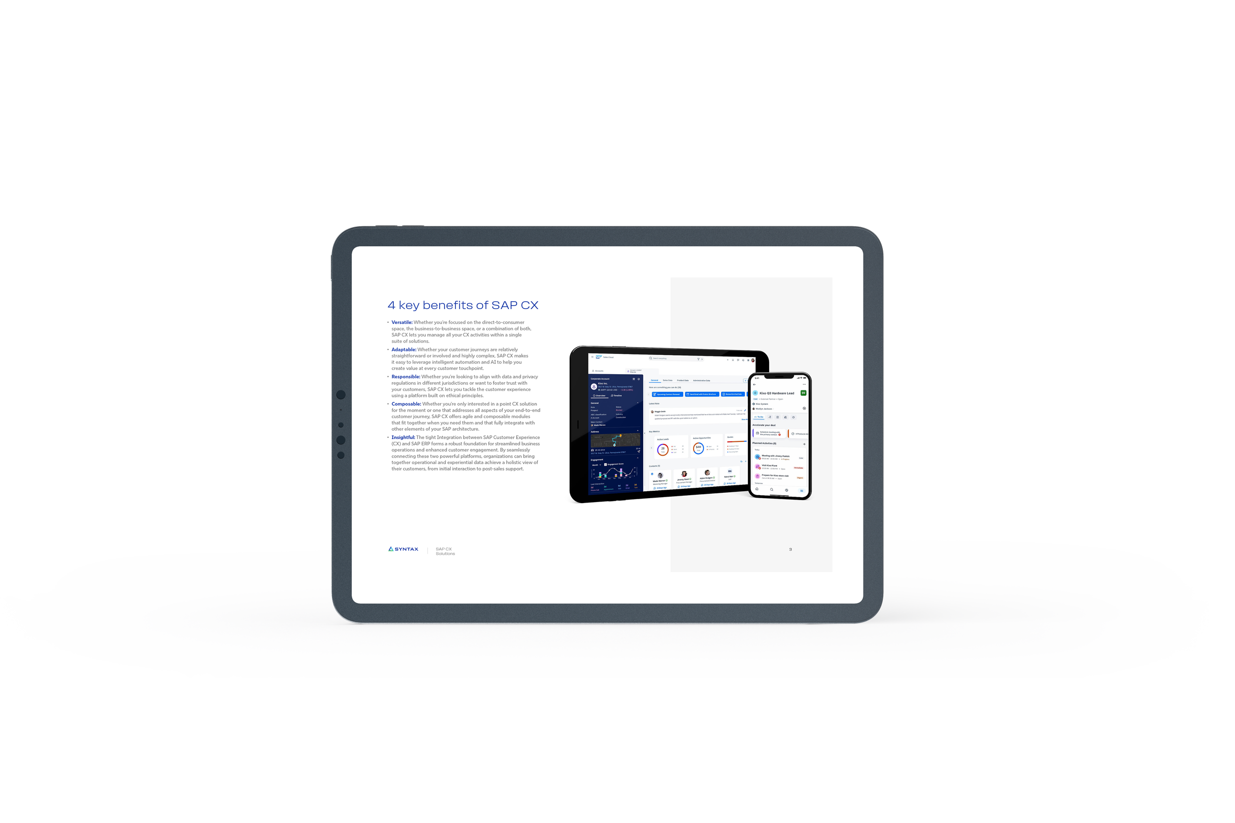 A digital tablet displaying a business presentation slide about SAP CX benefits with images of a tablet and smartphone showing software interfaces.