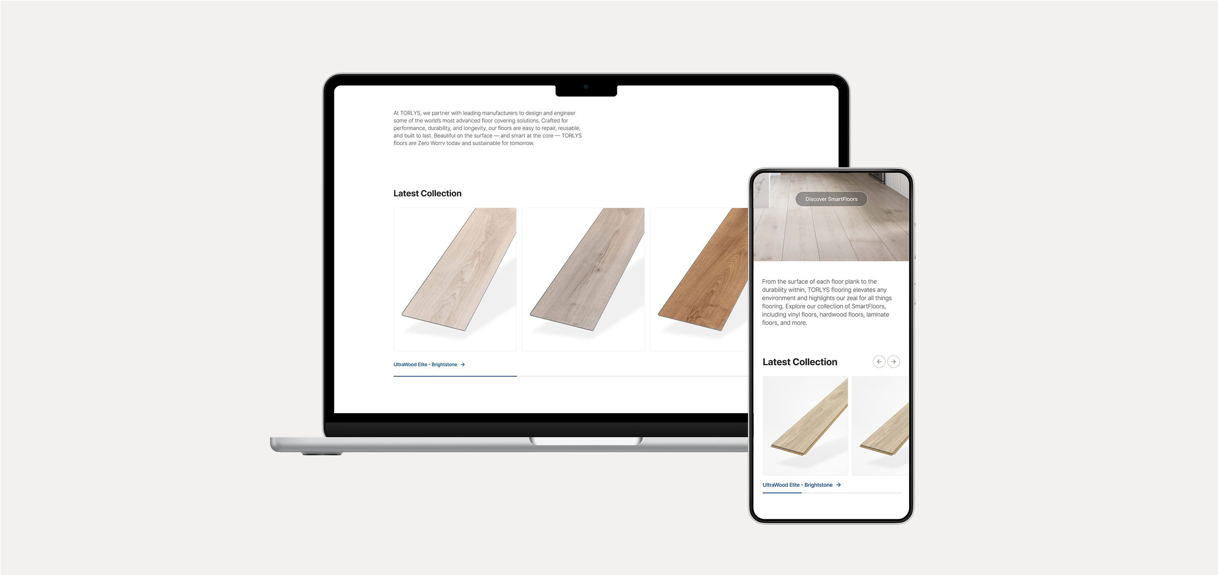 Laptop and smartphone displaying a flooring company's website featuring collections of wooden floor samples and a section about SmartFloors.