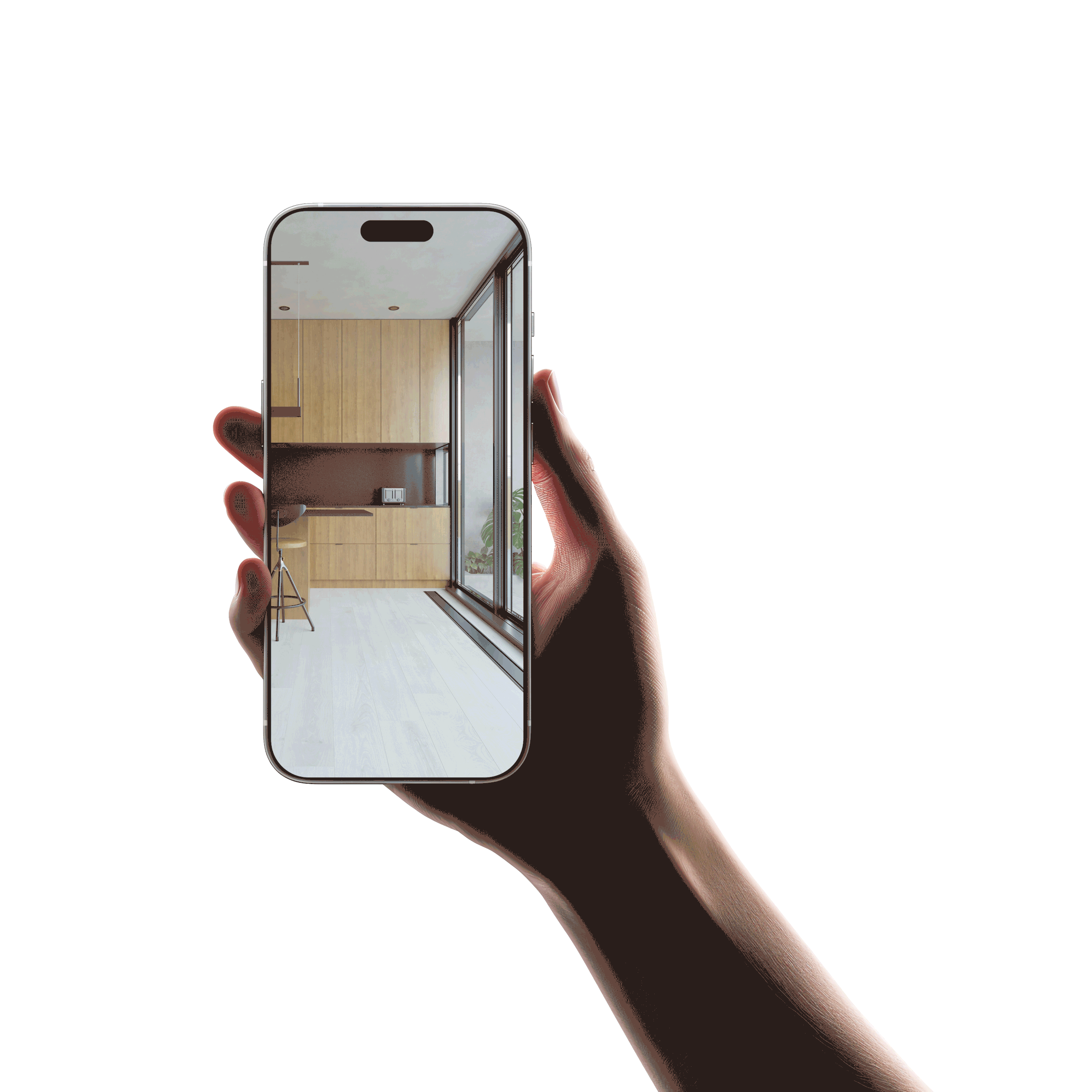 Person holding a smartphone that displays an interior view of a modern kitchen with wooden cabinets and a sliding glass door.
