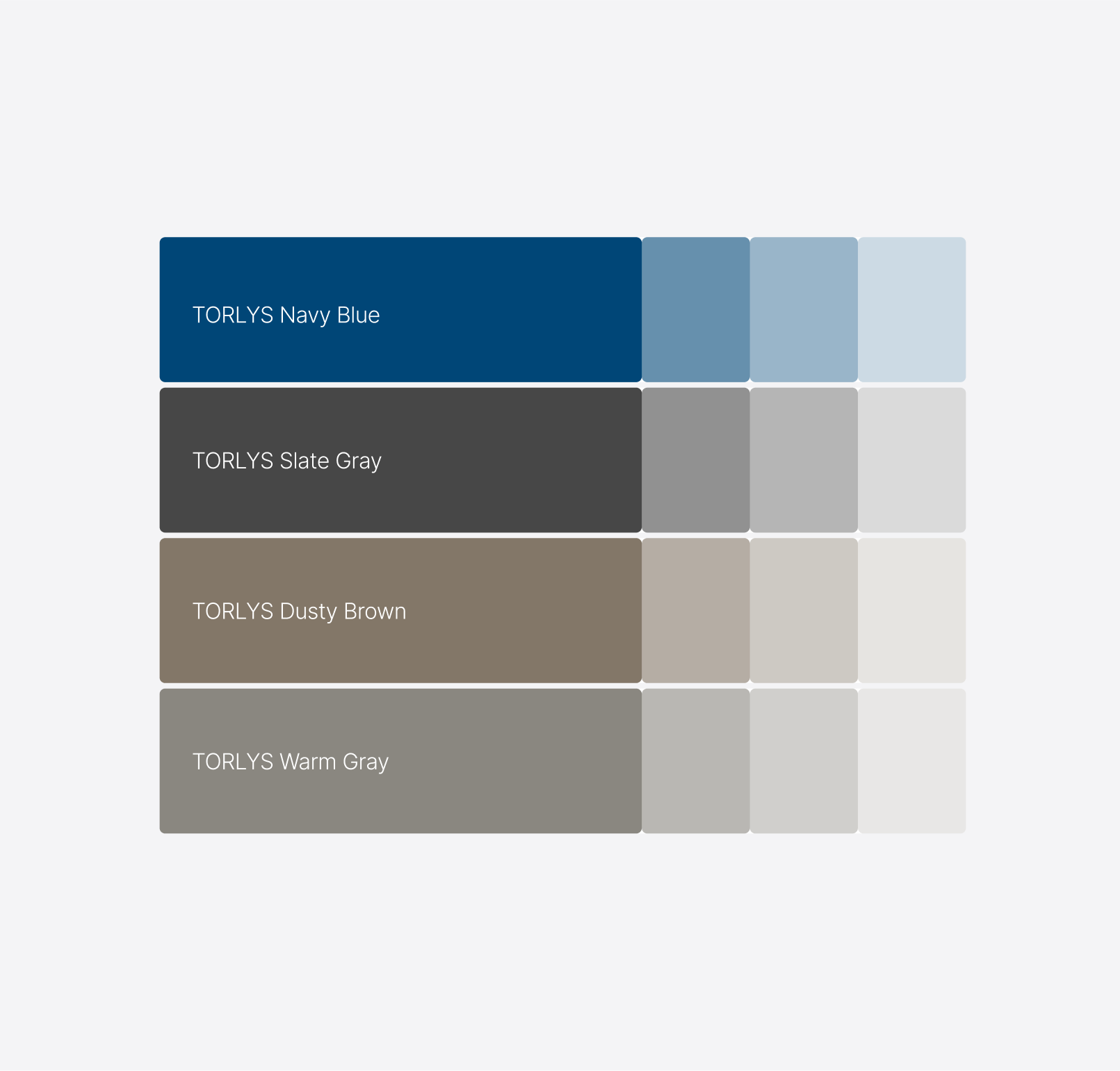 Color palette chart with four rows, each showing different shades of blue, gray, brown, and gray, labeled as Torys Navy Blue, Slate Gray, Dusty Brown, and Warm Gray.
