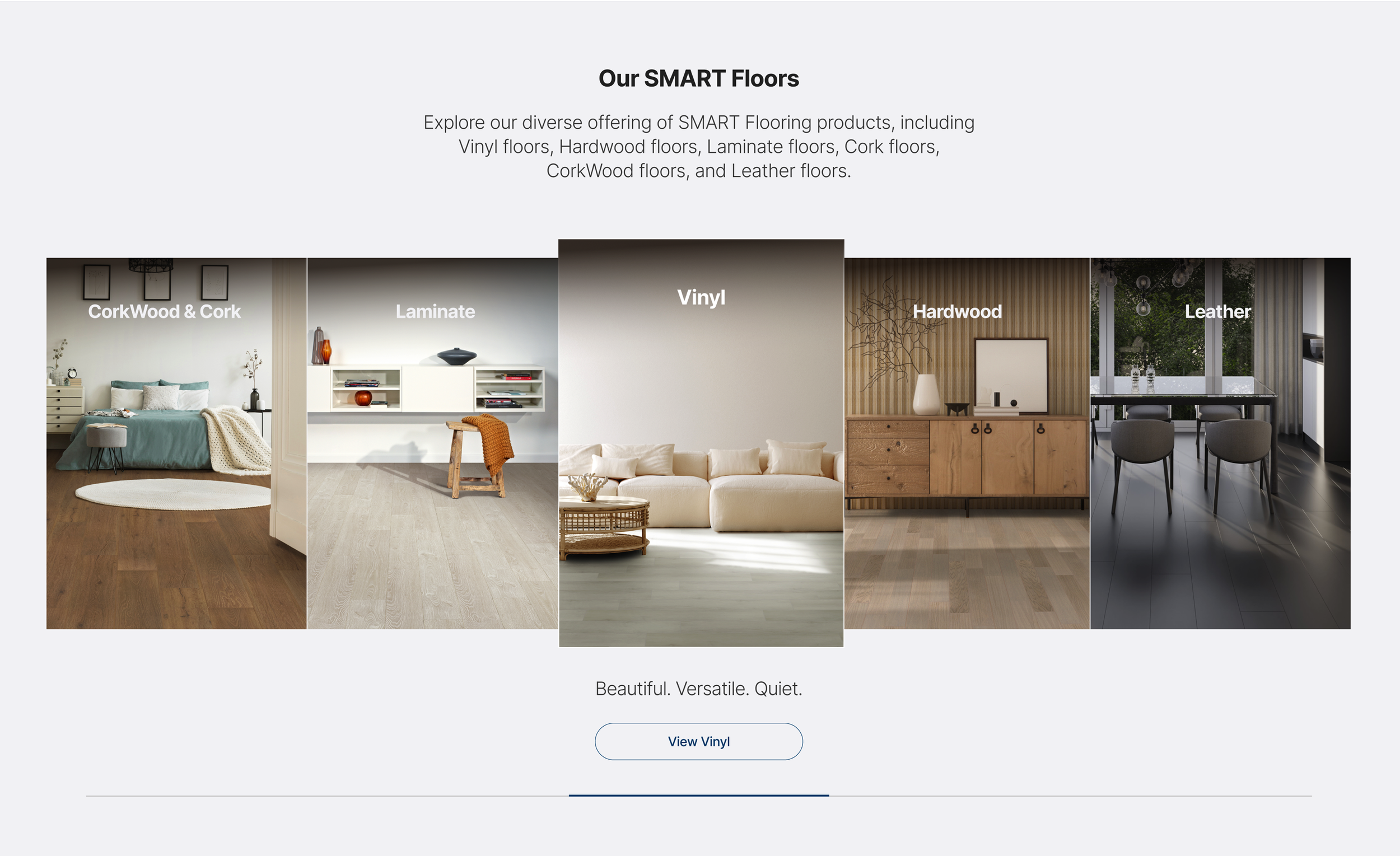 An advertisement showcasing different flooring options: CorkWood & Cork, Laminate, Vinyl, Hardwood, and Leather, with a headline 'Our SMART Floors' and a call-to-action button labeled 'View Vinyl'.