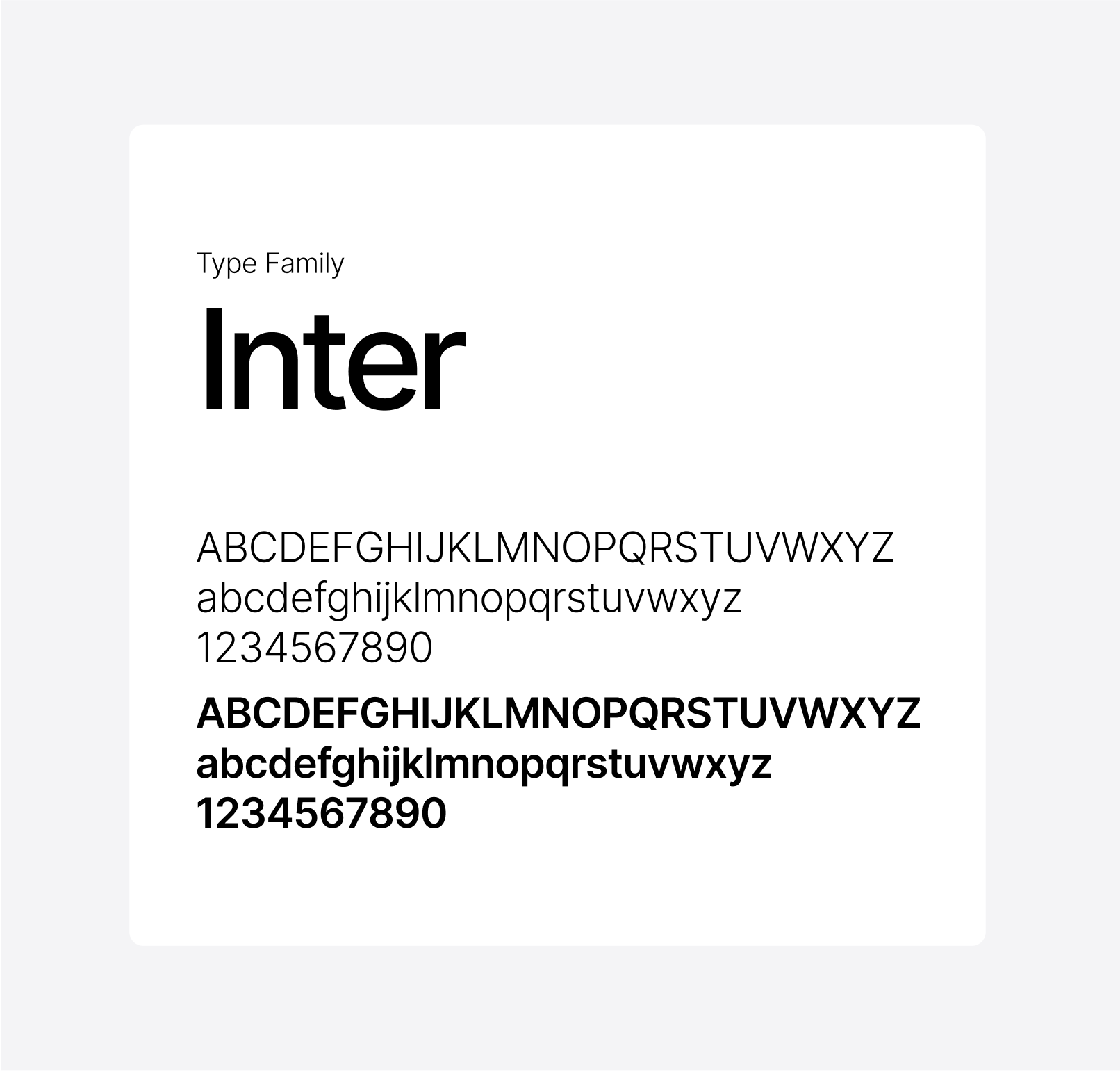 Sample font style preview with the family name 'Inter' and alphabet in different sizes and weights.
