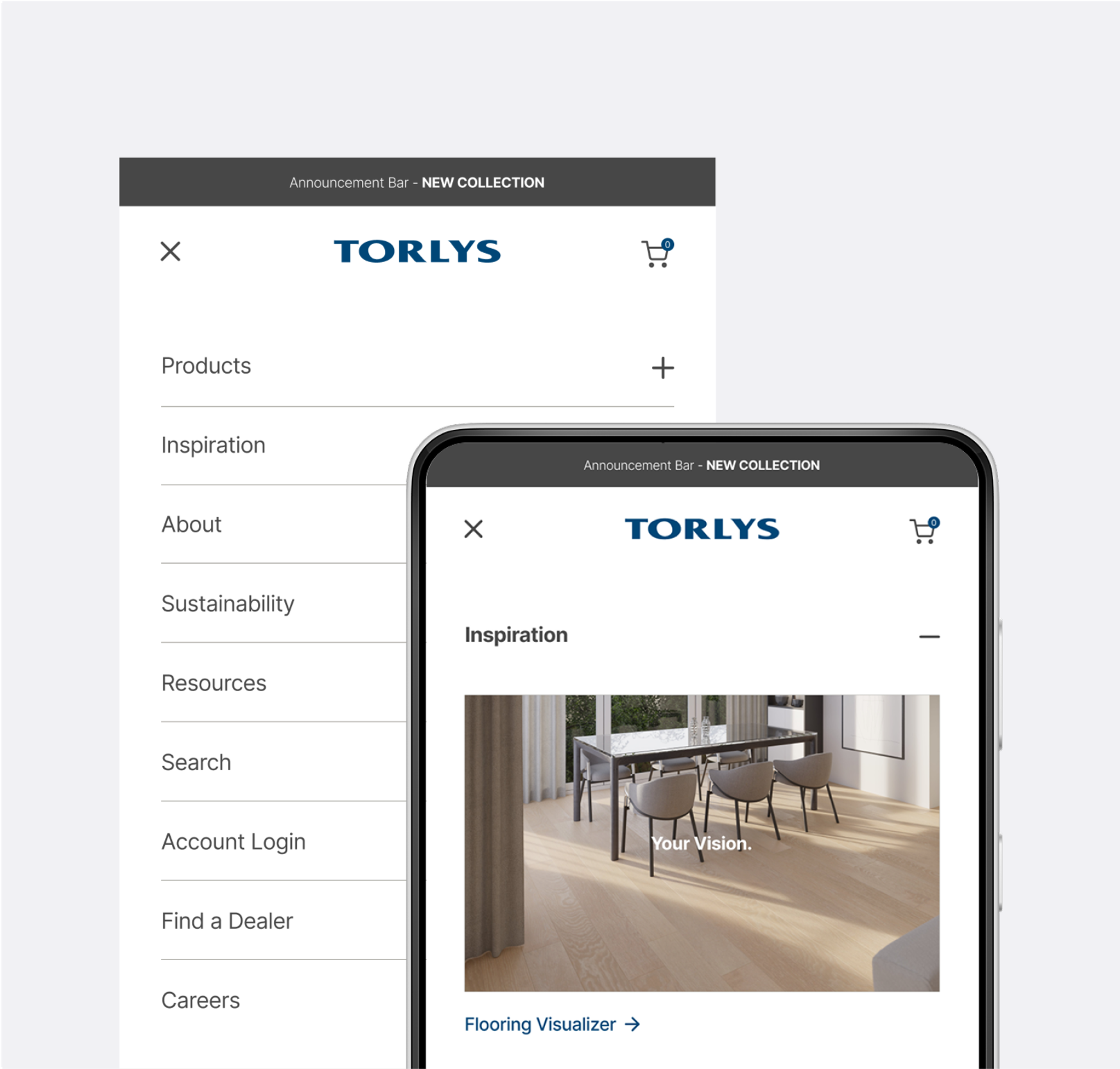 Screenshot of a mobile app interface for "TORLYS" with categories such as Products, Inspiration, About, and Sustainability, showing a room with a modern dining table and chairs.