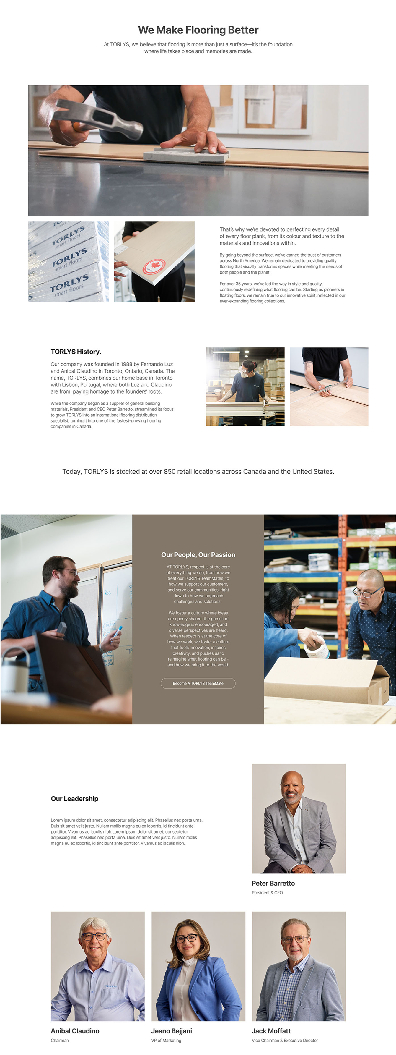 Company brochure with images of flooring materials, workers in a manufacturing setting, and portraits of company executives.