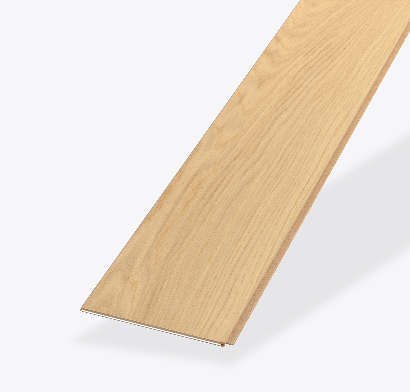 A wooden flooring board with a light, natural finish, isolated on a white background.