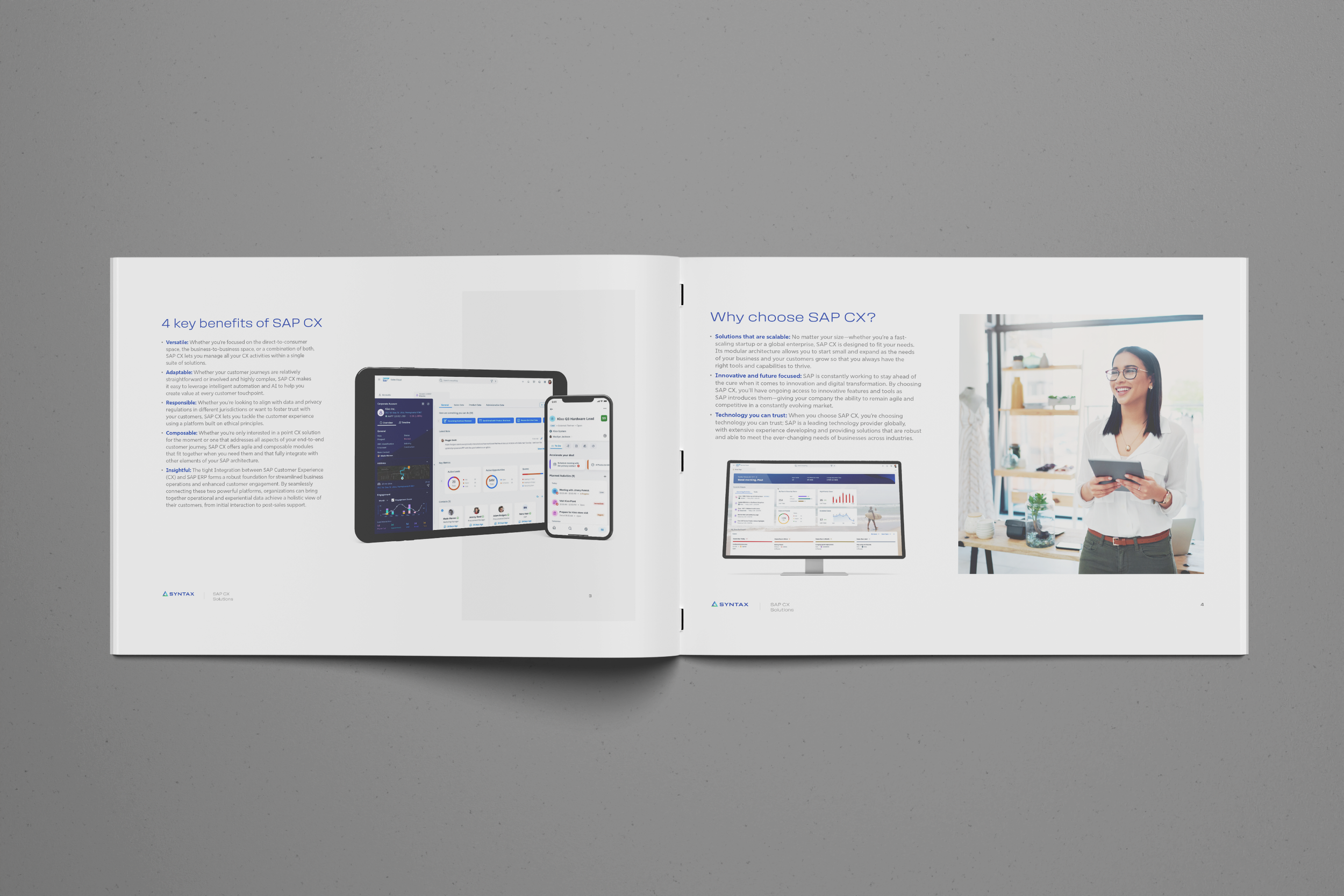 Open magazine displaying pages about SAP CX benefits, solution details, and a woman smiling with a tablet in a bright room.