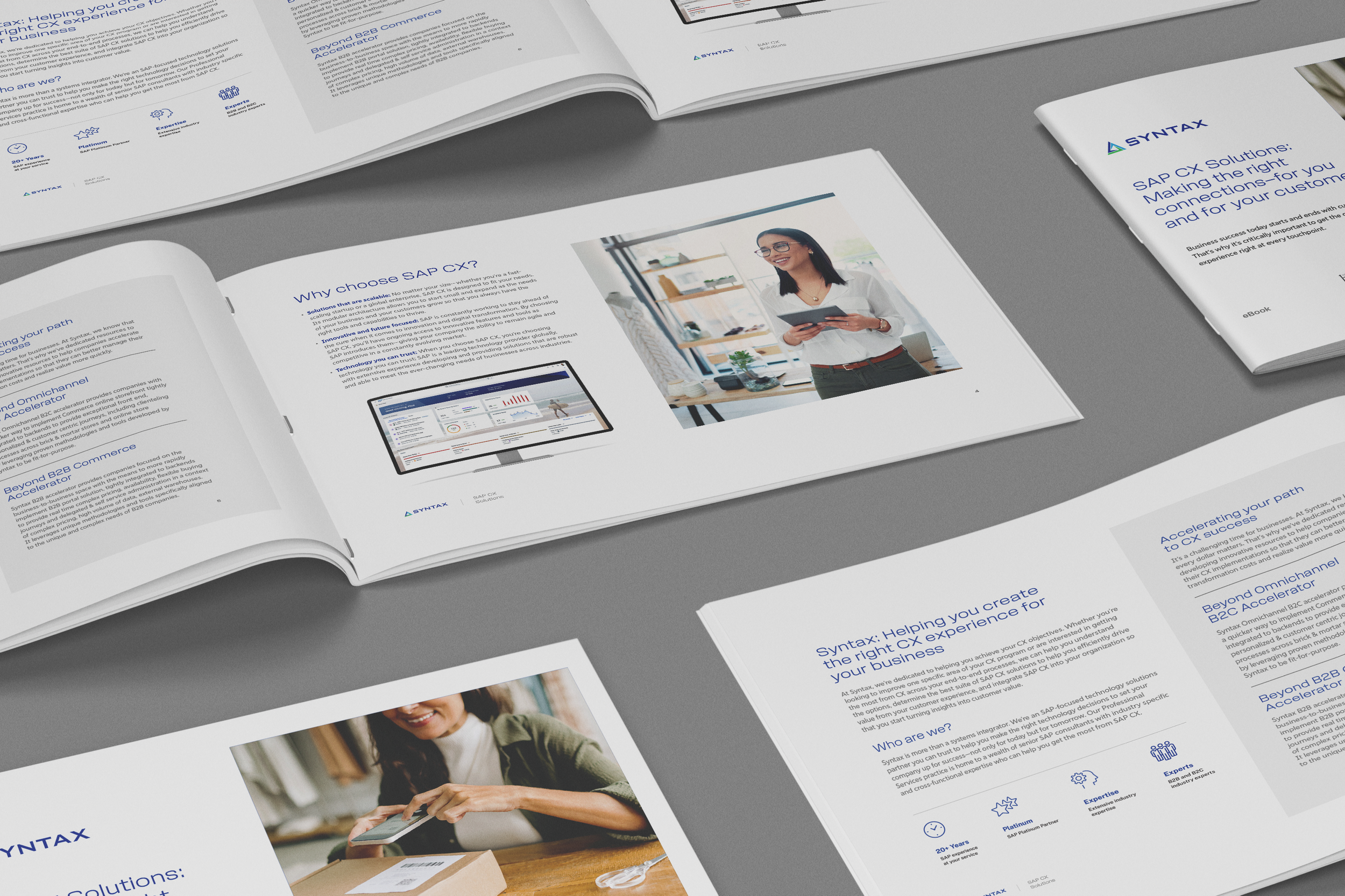 Multiple printed brochures laid out on a desk, featuring professional text and images related to SAP CX solutions, including a woman smiling and using a tablet and a woman smiling and handling a package.
