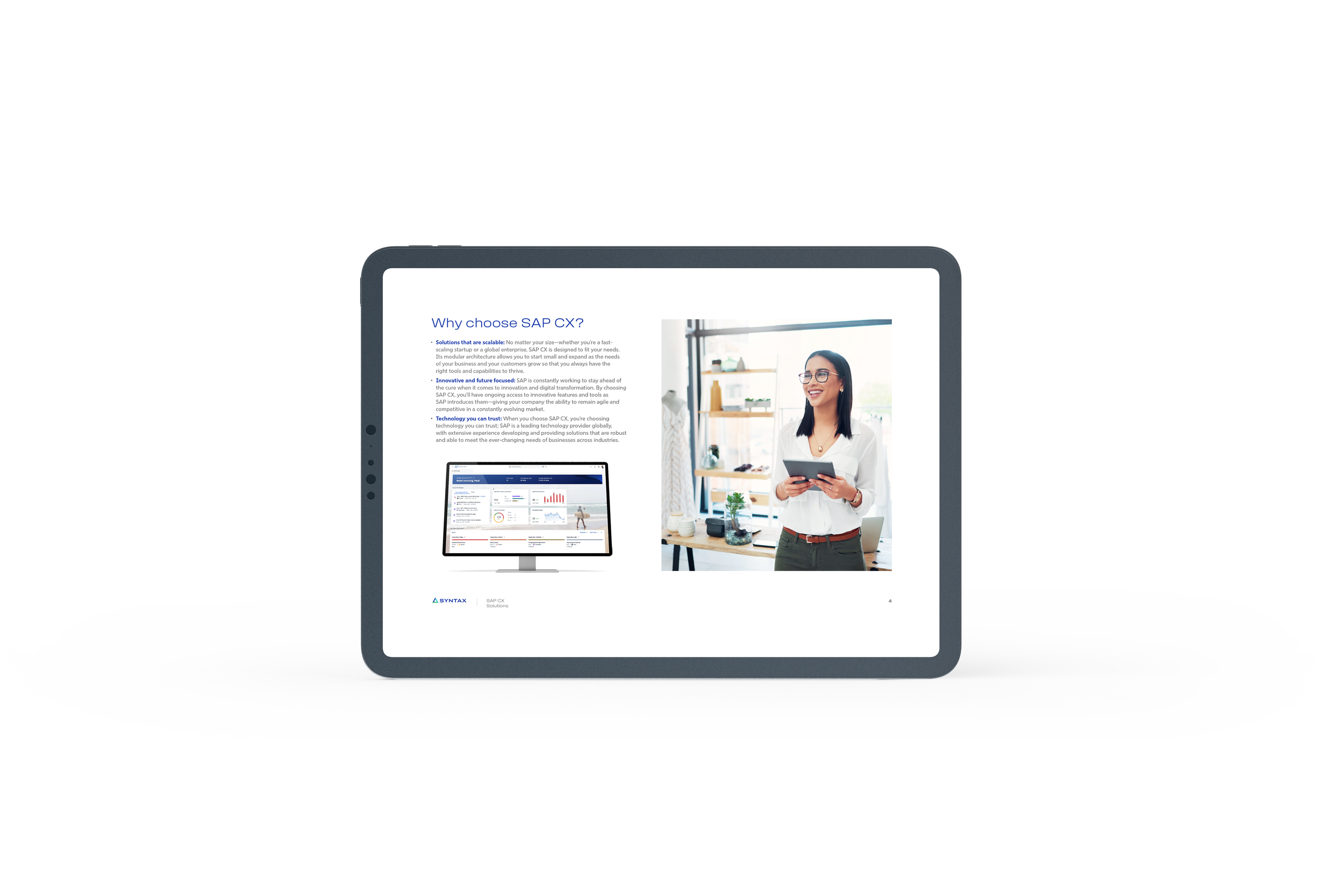 Tablet displaying a webpage with a woman holding a tablet, smiling, in a bright office setting.