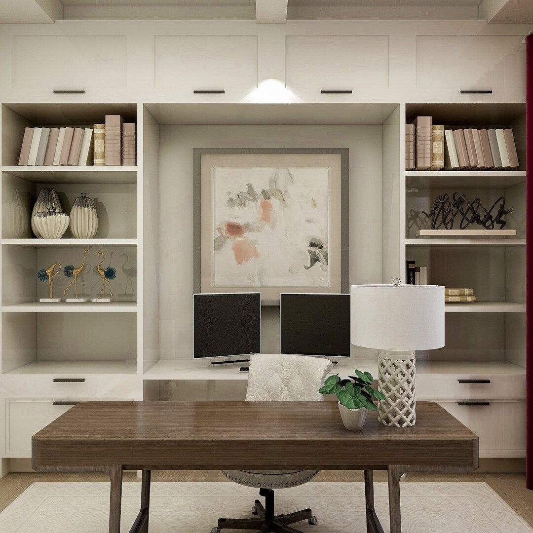 Think outside the box when creating built-ins in your home! When you customize anything, this is THE chance to make it personal for you. Do you like having a clean and clutter free desk? Place your monitors on the back desk so you can swivel between 