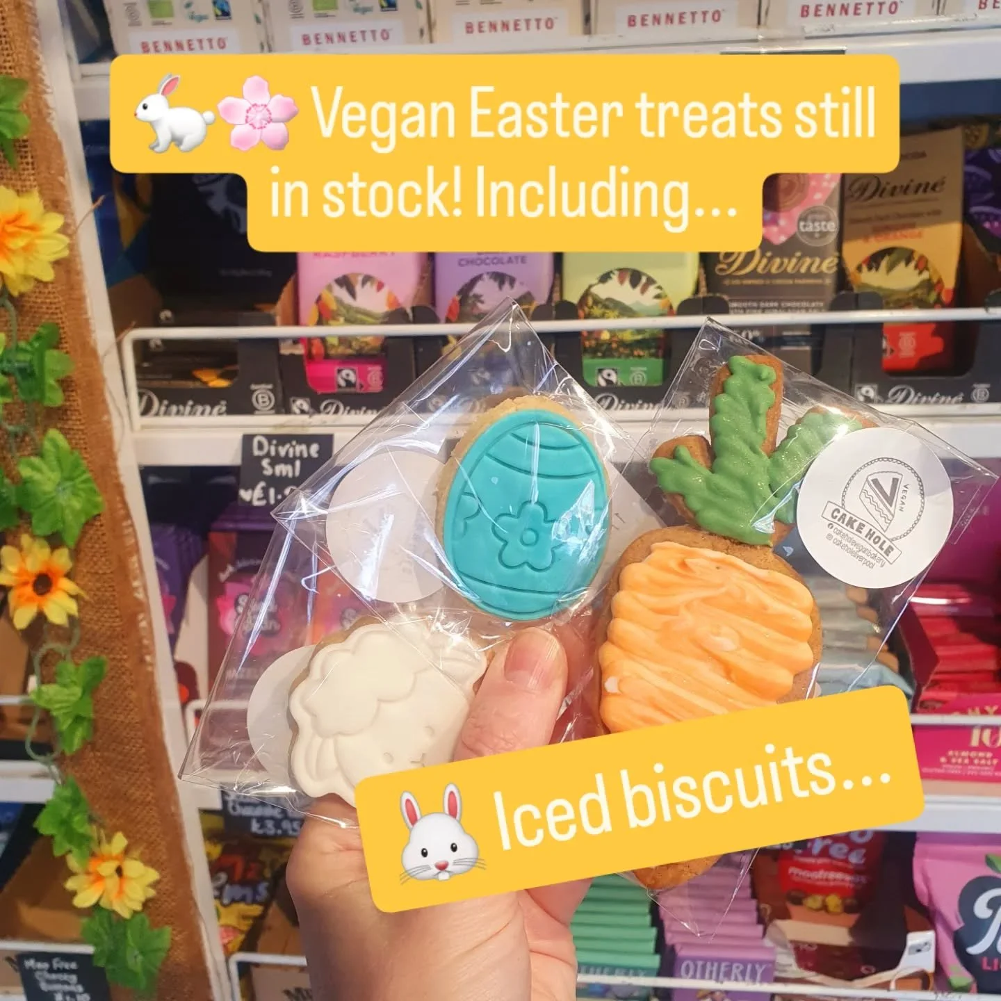 🐇🐣🌿 Happy Easter! 🌿🐣🐇

We've now sold out of vegan Easter eggs - but we do still have a splendid range of delicious Easter treats from @cakeholeliverpool on our shelves!

We have iced biscuits, crispy cakes and more - and we're open today (East