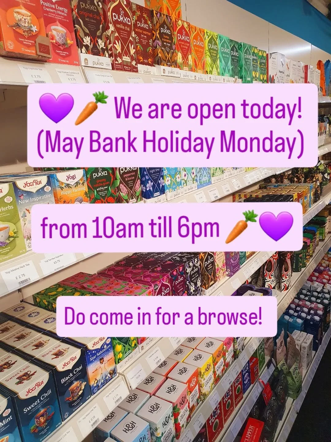 💜🥕 We're open our usual Monday hours (10am till 6pm) today (May Bank Holiday Monday), so come in any time and find yourself some vegan treats 🙂💜🥕