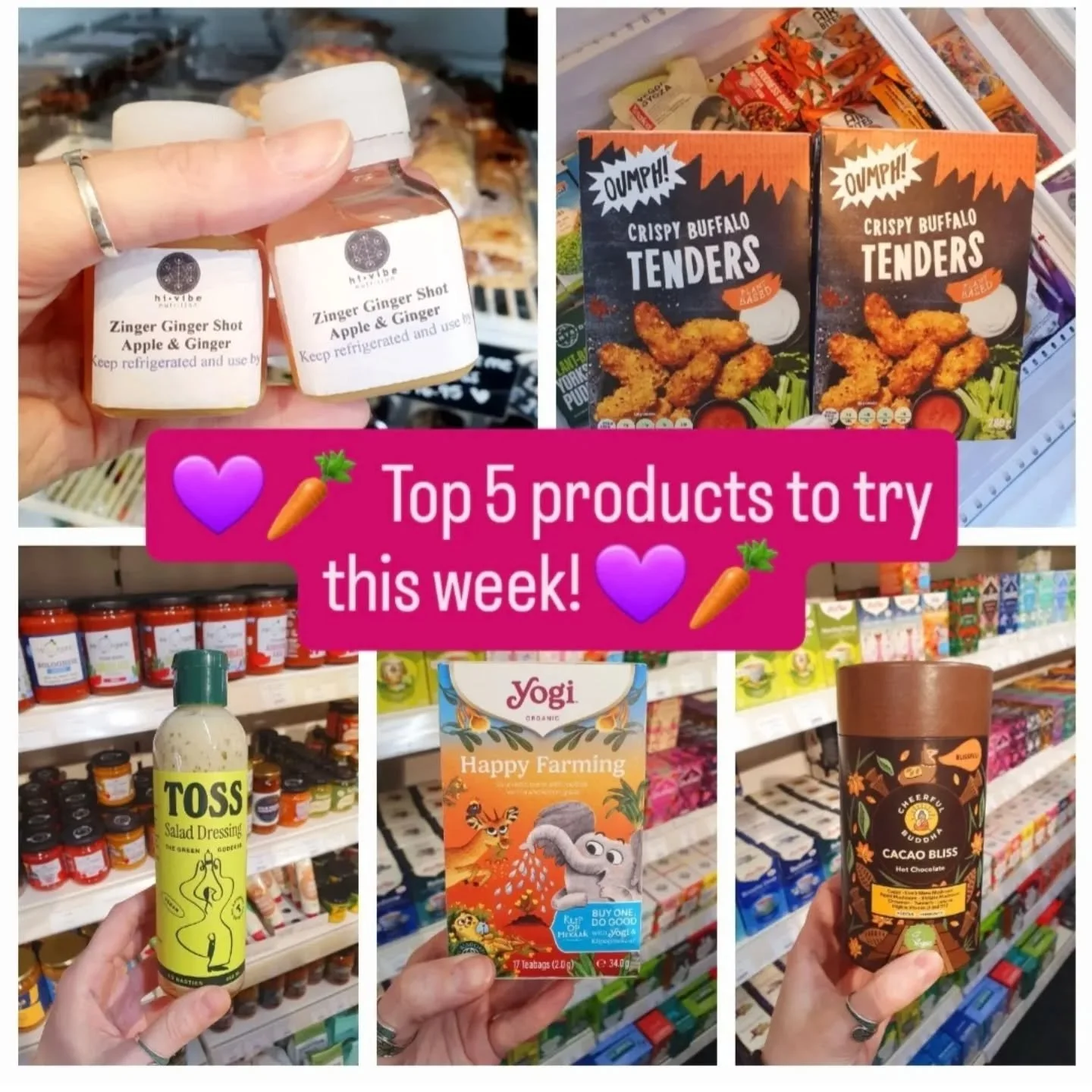 💜🥕 Here's some of our favourite vegan products this week - sampled, enjoyed and recommended by staff member Cate!

🤎 Cheerful Buddha Cacao Bliss: A big comforting hug of a drink - subtly sweet, cinnamon-y, cosy and warming.

🥗 Toss Salad Dressing