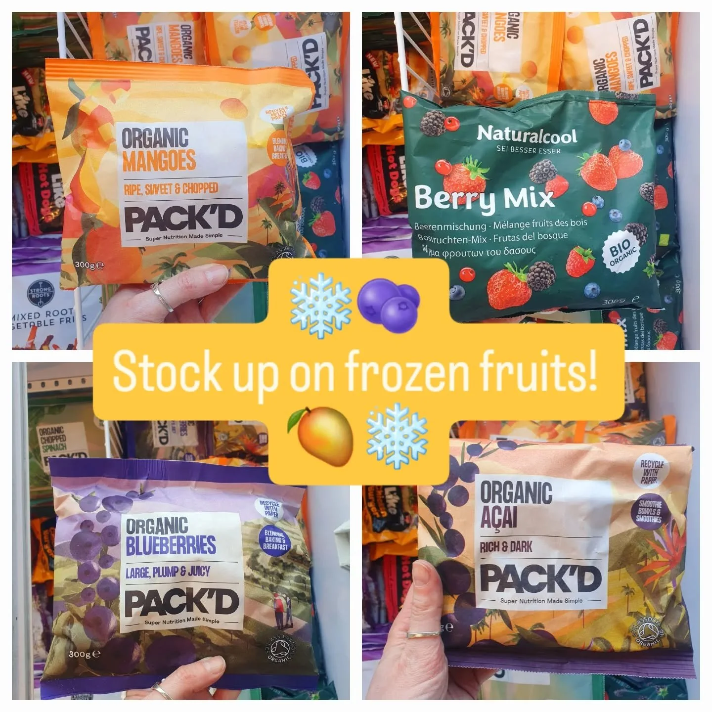 ❄️ 🍓🫐🥭 In our freezer you can find packets of delicious frozen fruits - all ready for your healthy creations! 🍓🫐🥭❄️

And don't forget, we also get loads of lovely organic, fresh (non-frozen) fruit delivered every Wednesday.

Fruits are perfect 