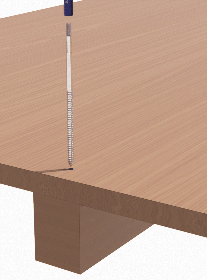 Mechanical pencil tipped over edge of wooden table creating an artistic balance illusion