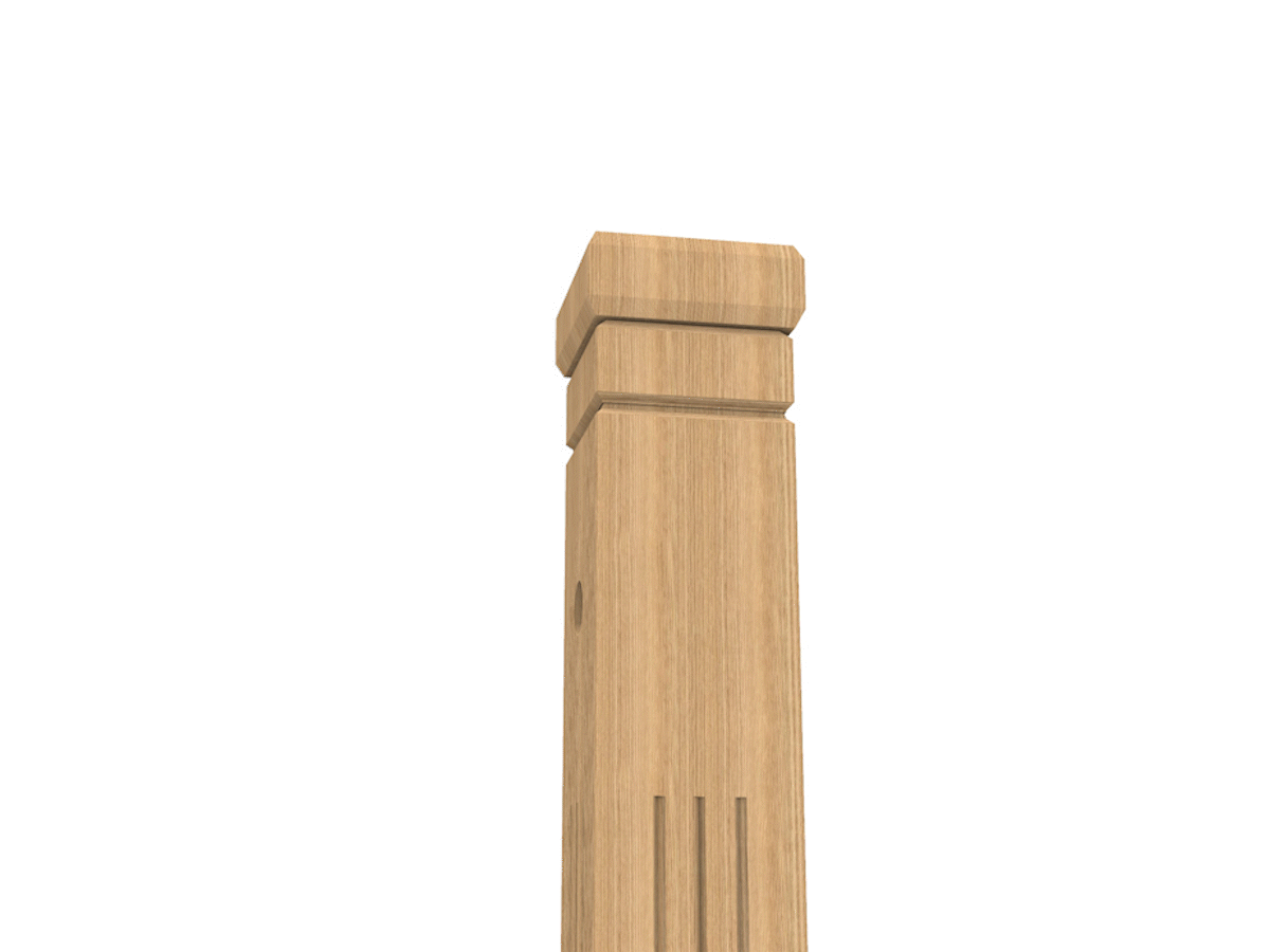 Wooden fence post with decorative grooves and notches.
