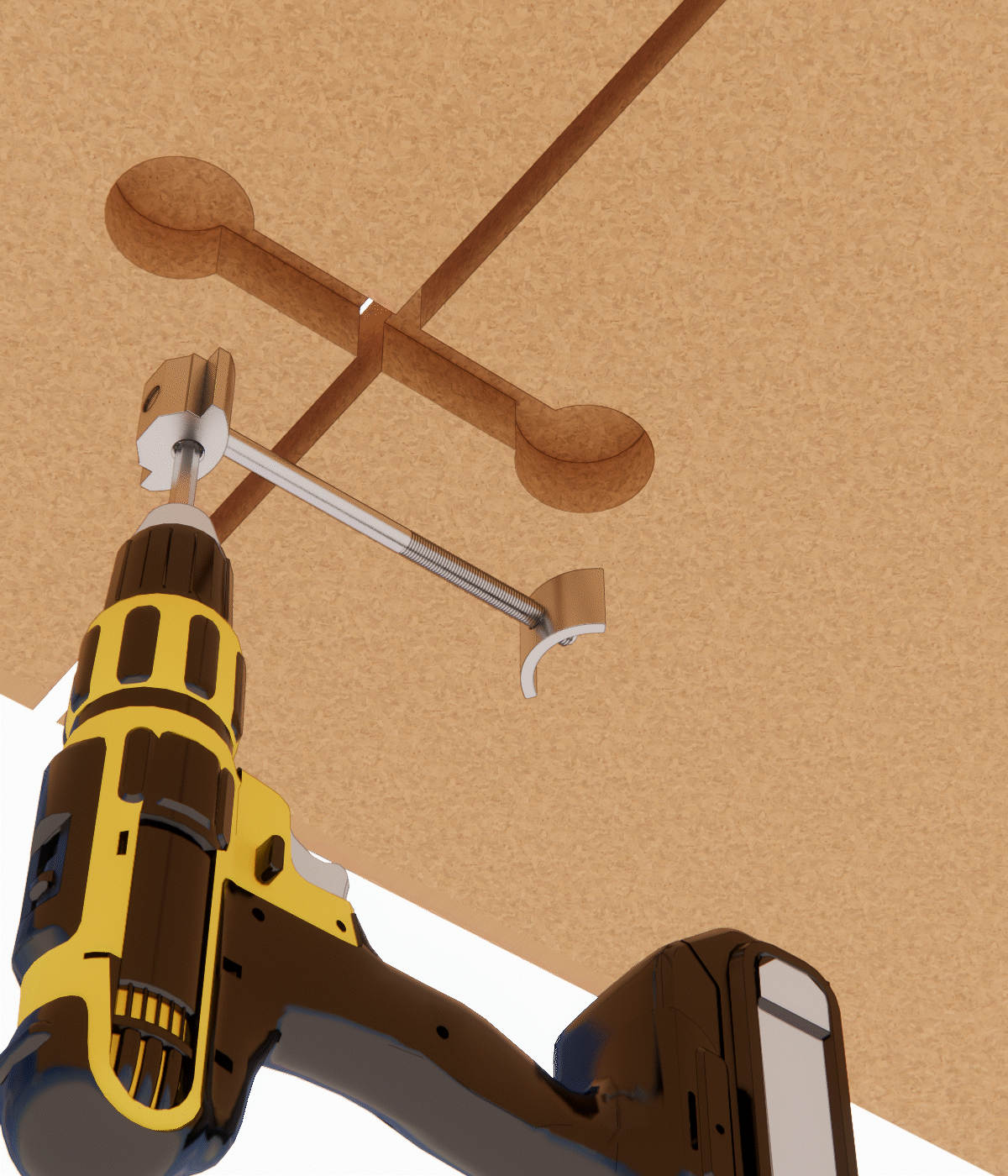 Electric drill inserting a screw into wood with a secant leaning against it.