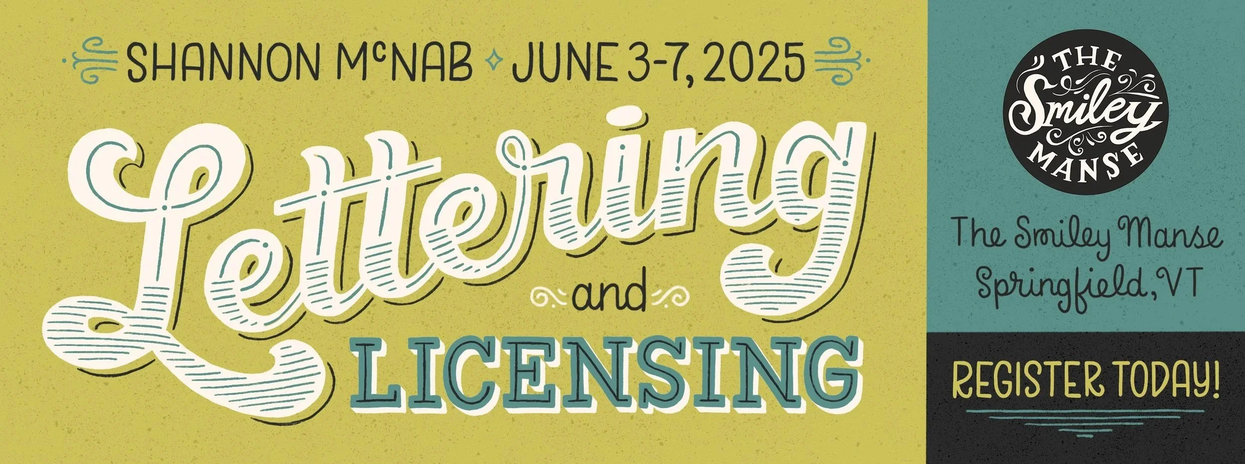 Lettering & Licensing with Shannon McNab, a June 2025 art retreat at The Smiley Manse in Southern Vermont