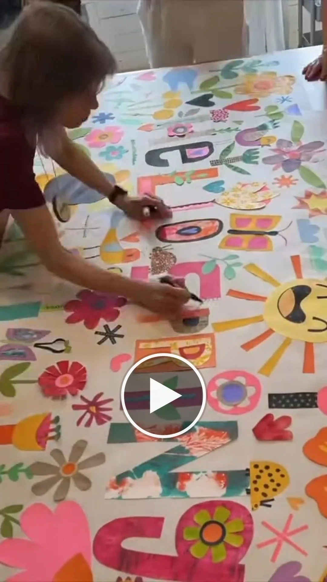 Watch the video on Instagram: a timelapse of artists creating the Hello Spring group collage at the June 2026 collage retreat with Lynn Giunta at The Smiley Manse in Southern Vermont